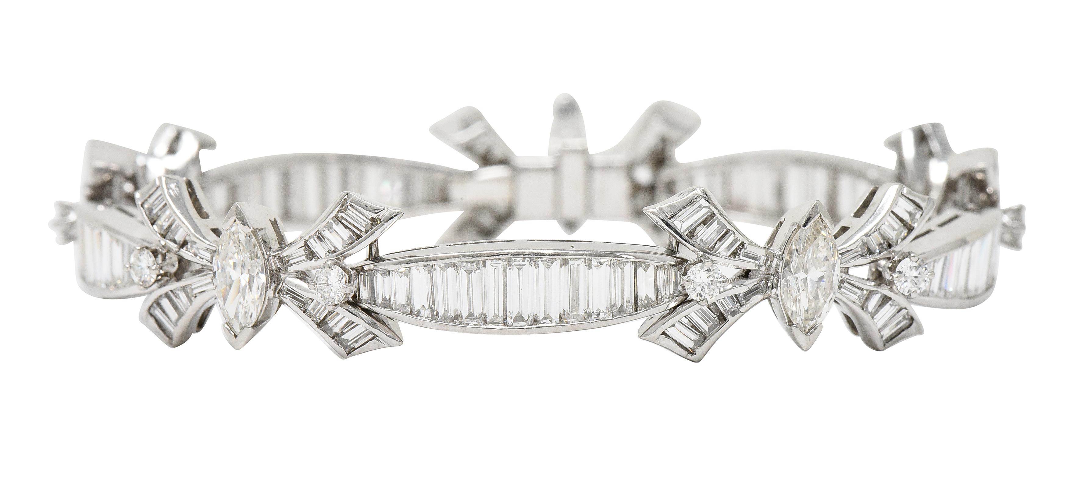 Mid-Century 10.80 Carats Marquise Cut Diamond Platinum Ribbon Line Bracelet For Sale 4
