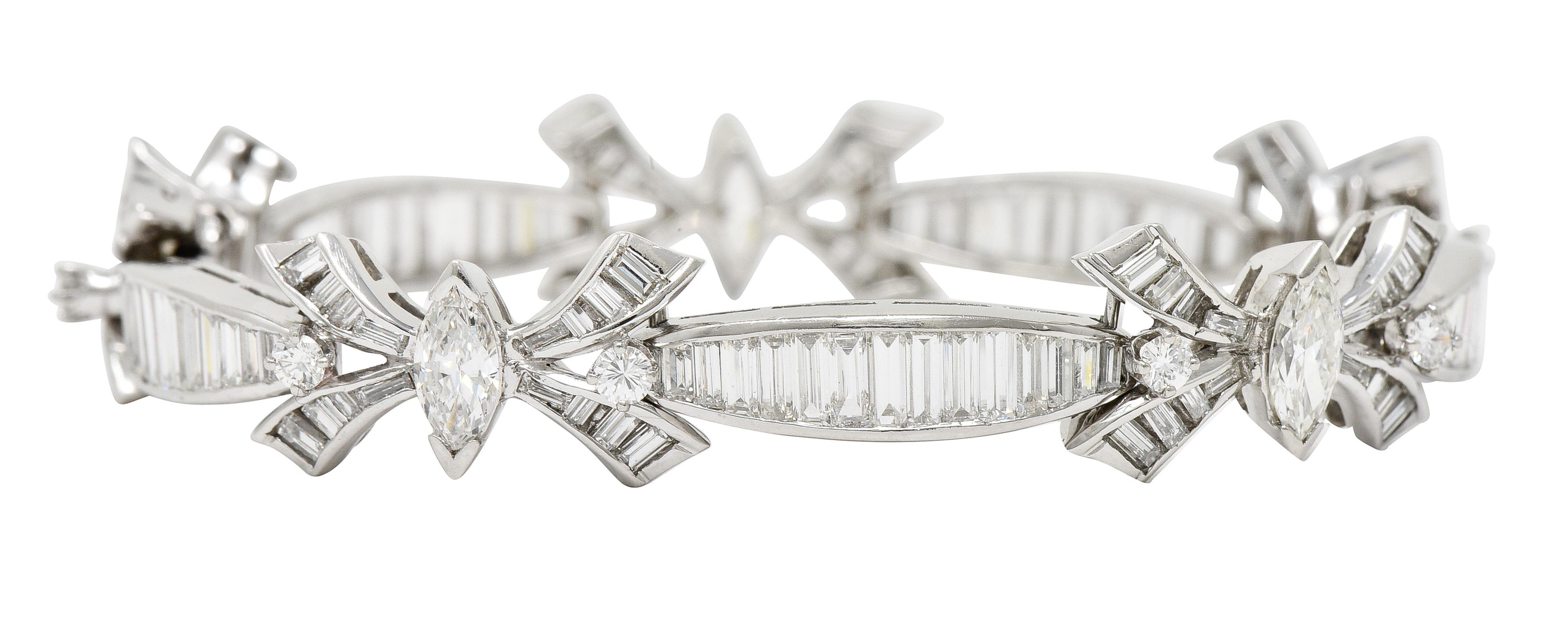 Mid-Century 10.80 Carats Marquise Cut Diamond Platinum Ribbon Line Bracelet For Sale 5