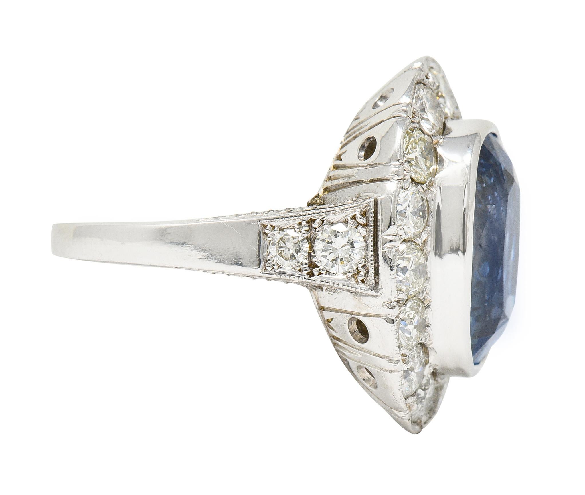 Cushion Cut Midcentury 10.90 Carat No Heat Ceylon Sapphire Diamond 14 Karat White Gold Ring For Sale