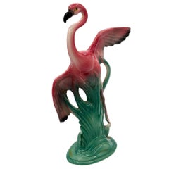Mid-century 11" Tall Open Wing Pink Flamingo Ceramic Tabletop Statue, Pair