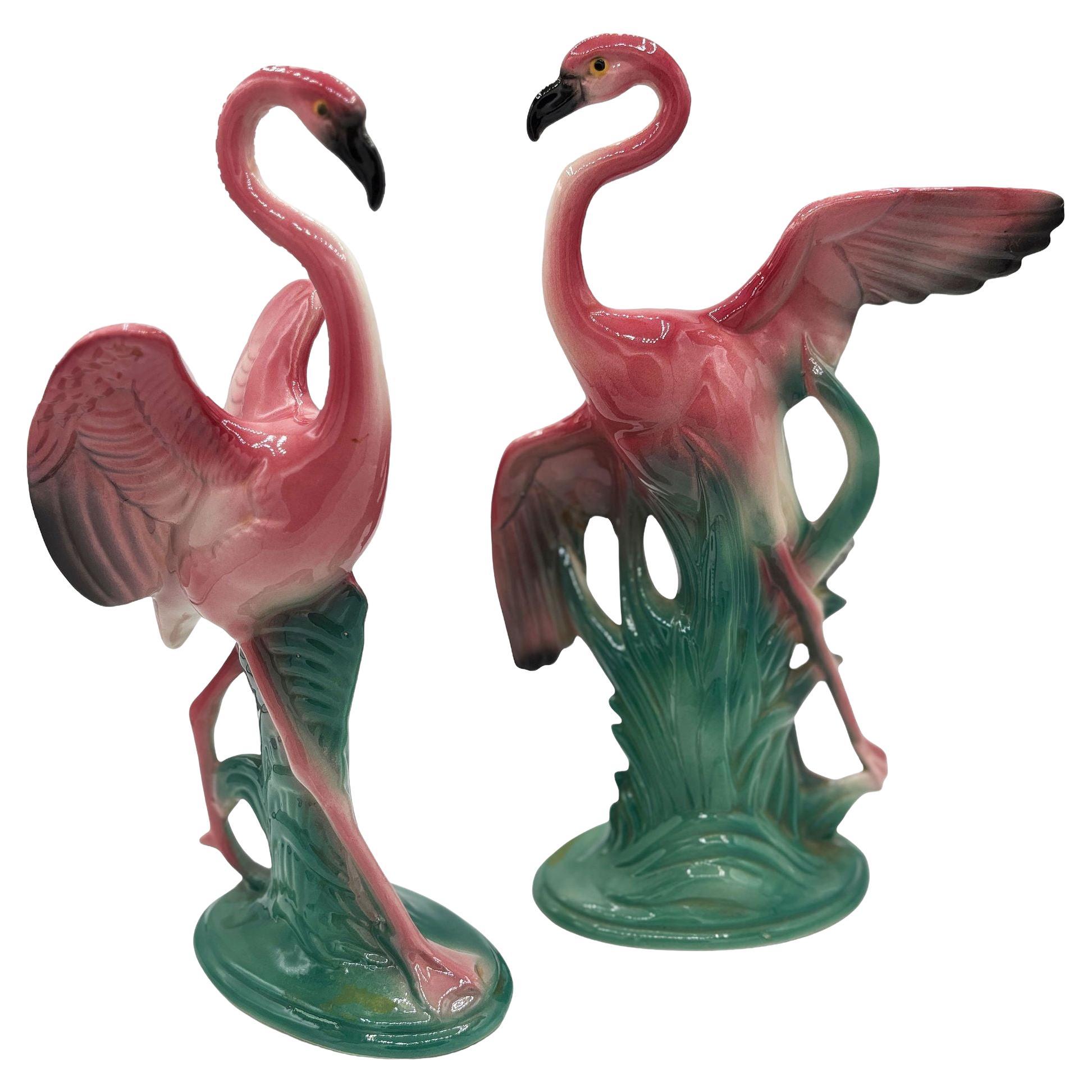 Mid-century 11" Tall Open Wing Pink Flamingo Ceramic Tabletop Statue, Pair
