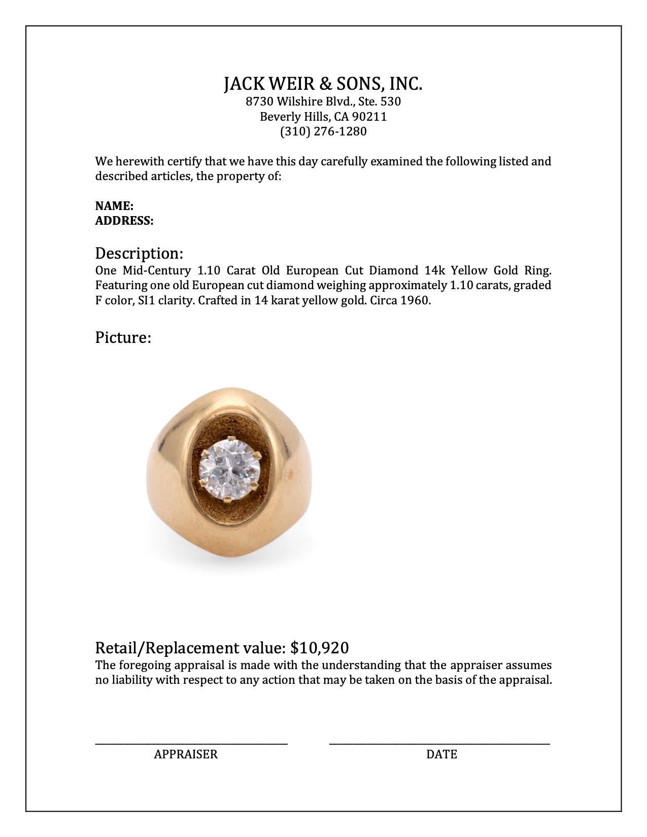 Mid-Century 1.10 Carat Old European Cut Diamond 14k Yellow Gold Ring For Sale 2