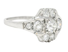 Midcentury 1.11 Carats Old European Cut Diamond Platinum Quatrefoil Ring