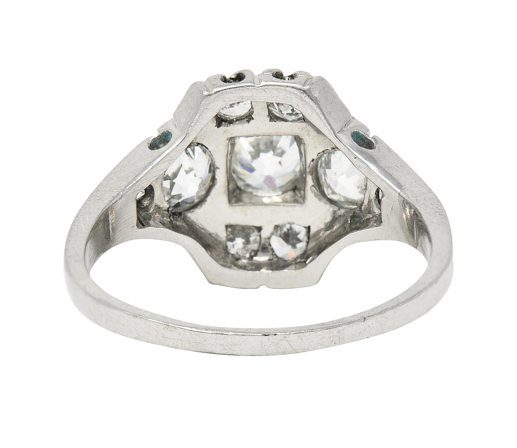 Women's or Men's Midcentury 1.11 Carats Old European Cut Diamond Platinum Quatrefoil Ring For Sale