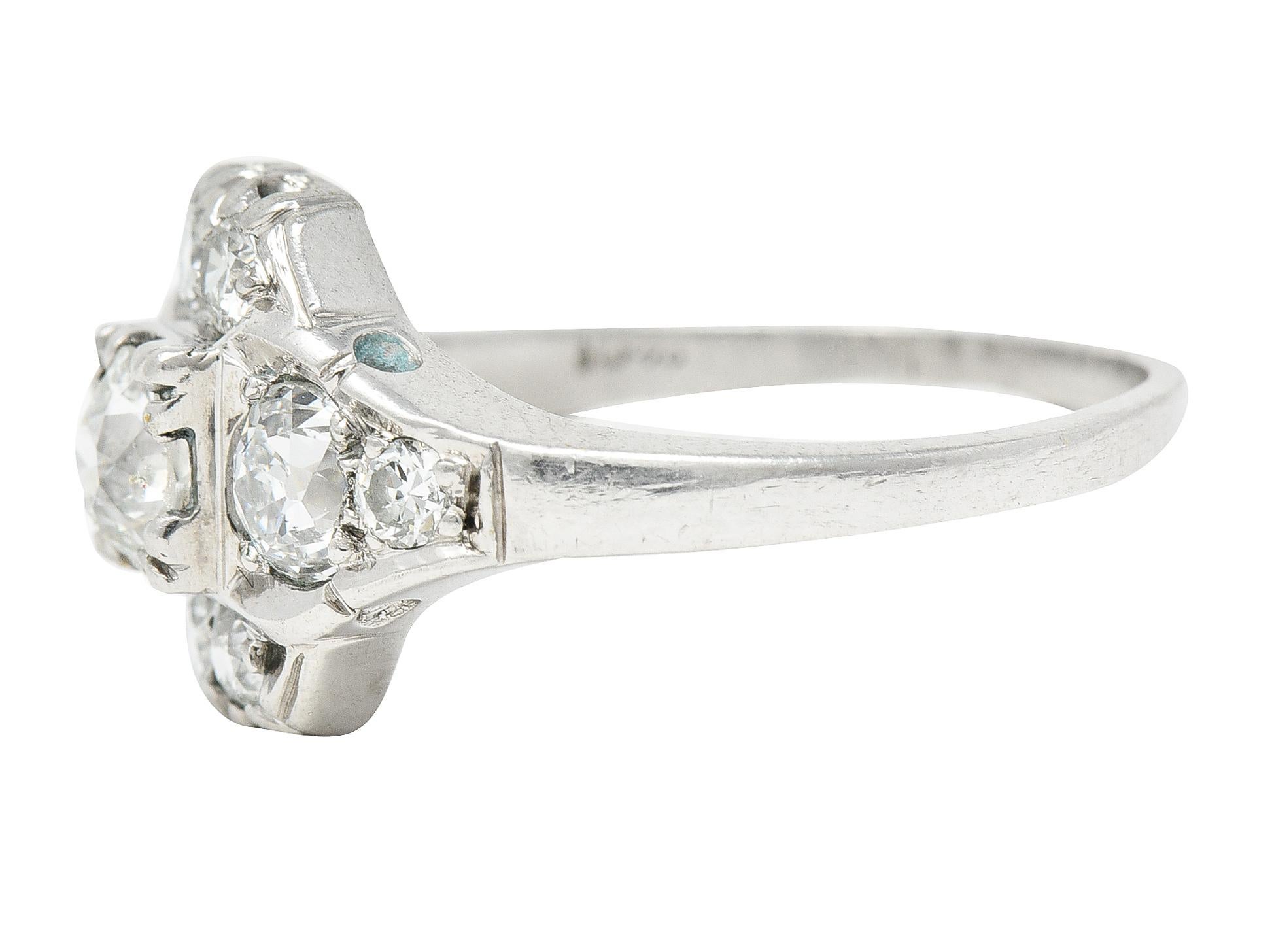 Midcentury 1.11 Carats Old European Cut Diamond Platinum Quatrefoil Ring For Sale 1