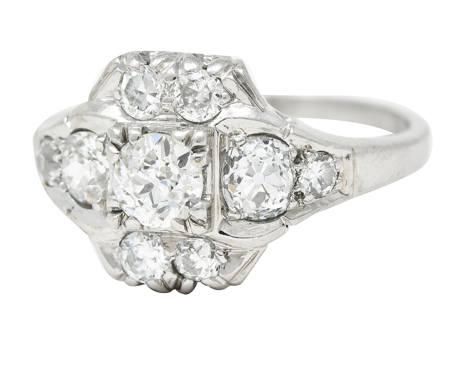 Midcentury 1.11 Carats Old European Cut Diamond Platinum Quatrefoil Ring For Sale 2
