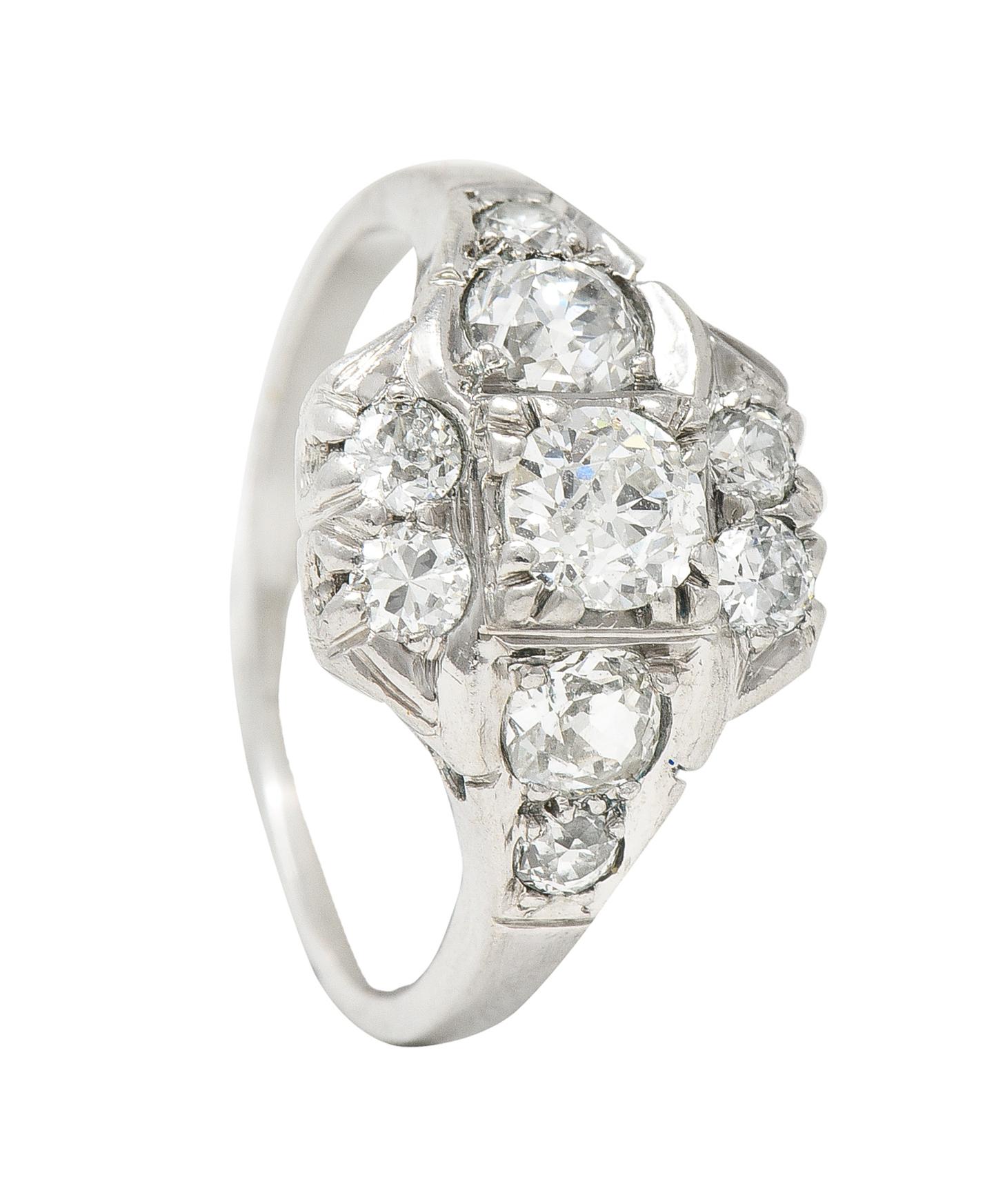 Midcentury 1.11 Carats Old European Cut Diamond Platinum Quatrefoil Ring For Sale 5