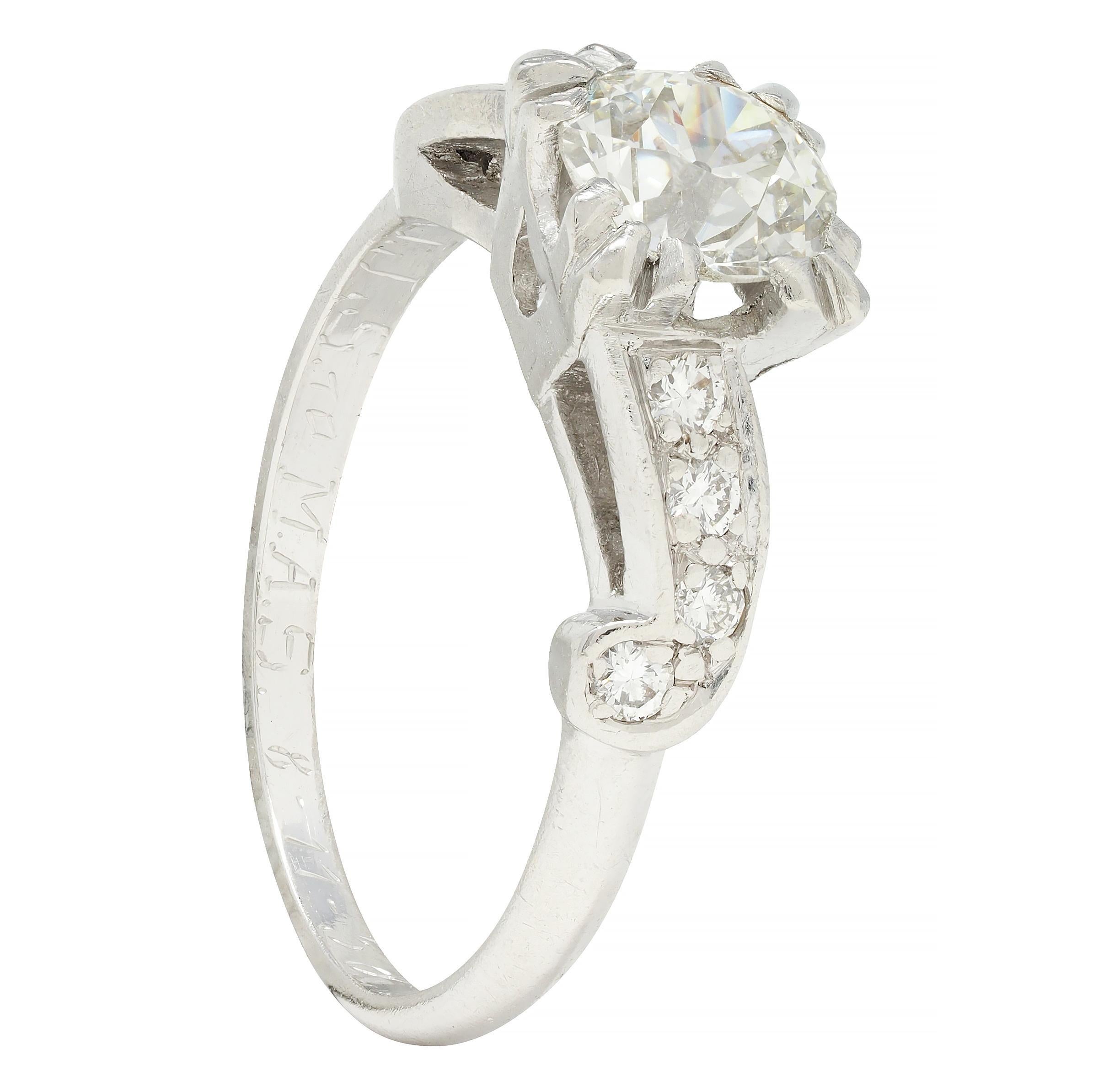 Mid-Century 1.11 CTW Diamond Platinum Scrolling Ribbon Vintage Engagement Ring For Sale 5