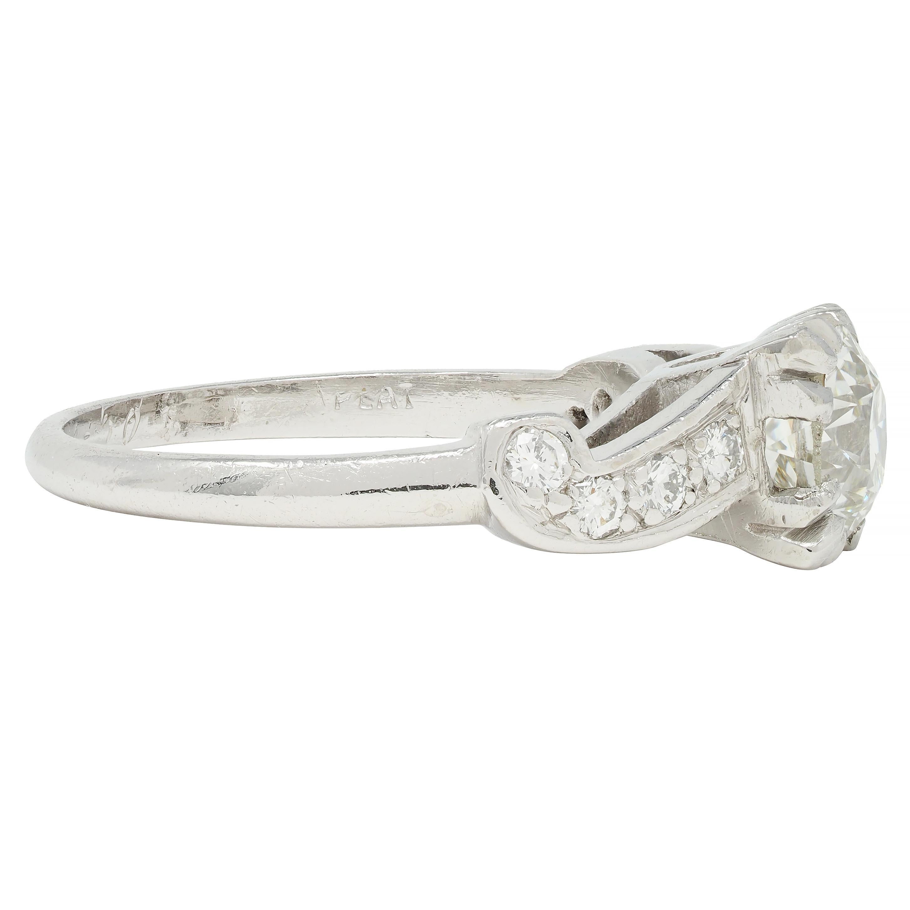 Old European Cut Mid-Century 1.11 CTW Diamond Platinum Scrolling Ribbon Vintage Engagement Ring For Sale