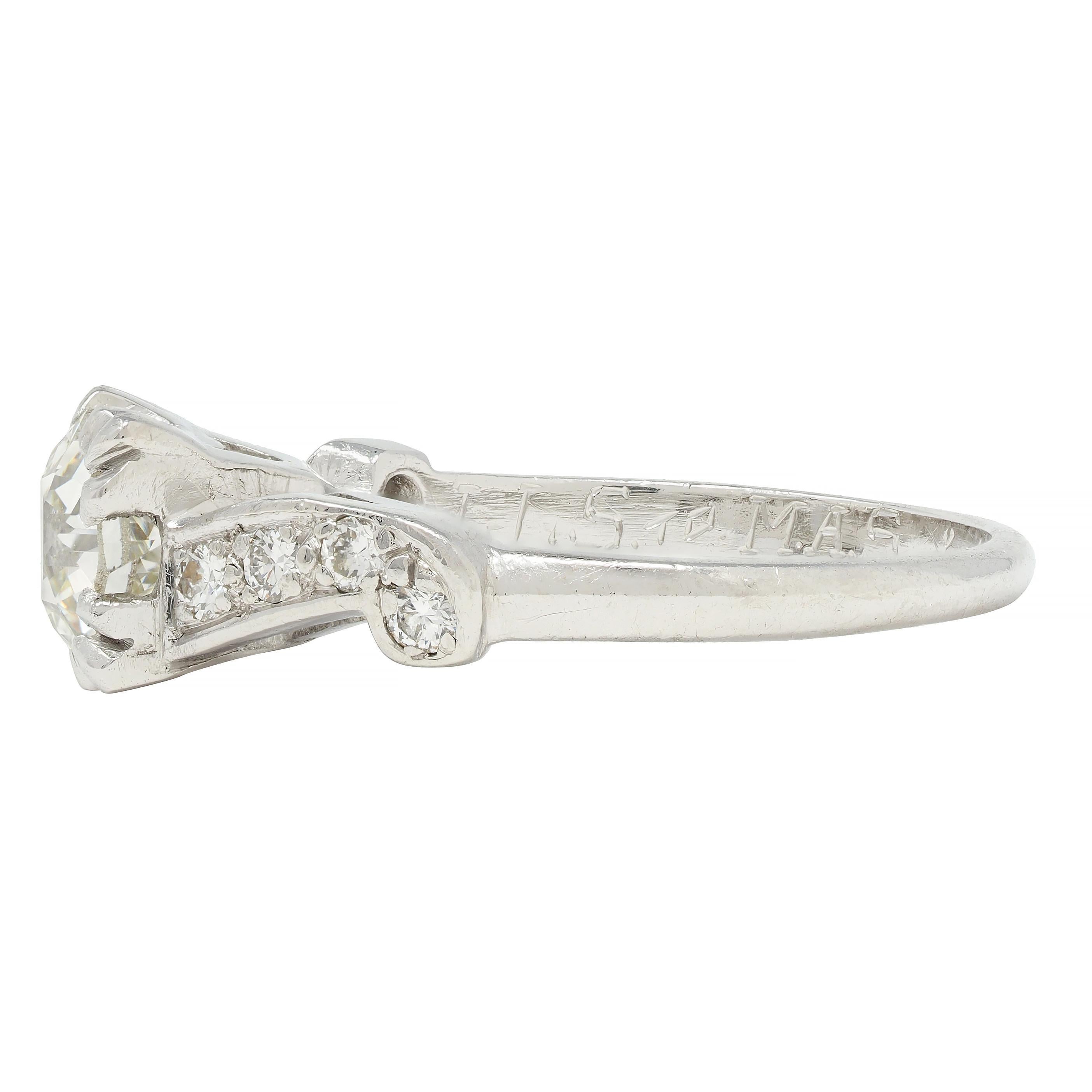 Women's or Men's Mid-Century 1.11 CTW Diamond Platinum Scrolling Ribbon Vintage Engagement Ring For Sale