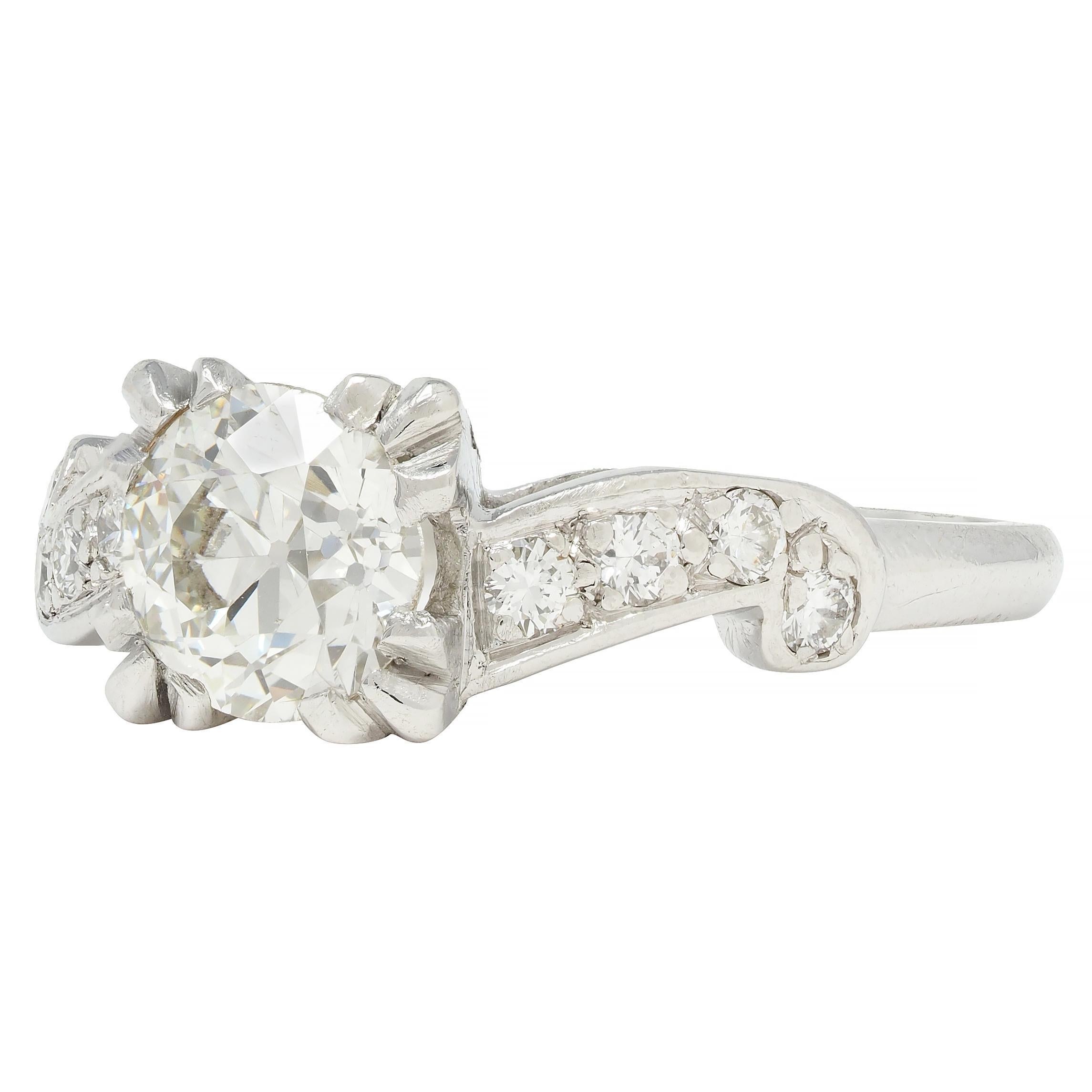 Mid-Century 1.11 CTW Diamond Platinum Scrolling Ribbon Vintage Engagement Ring For Sale 1