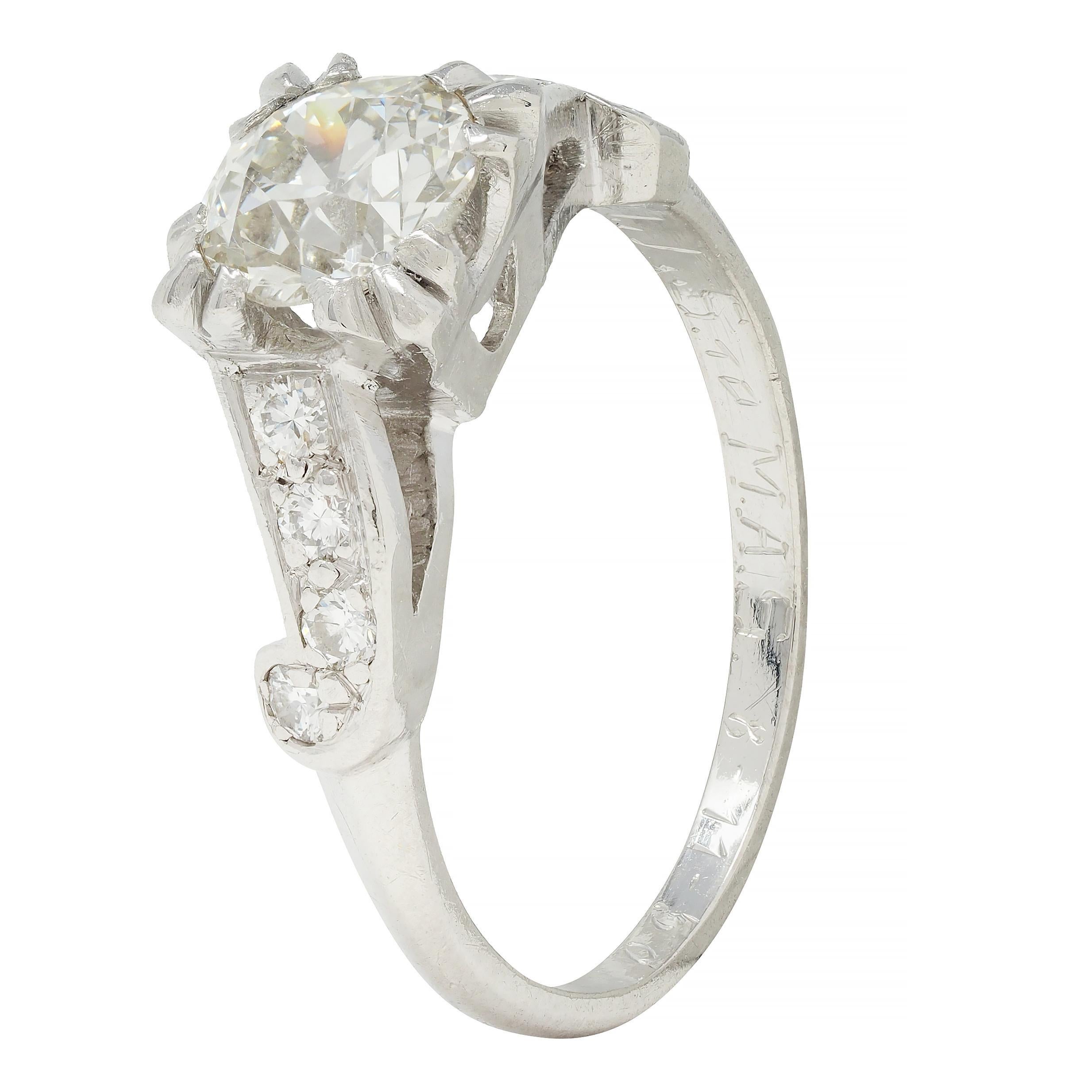 Mid-Century 1.11 CTW Diamond Platinum Scrolling Ribbon Vintage Engagement Ring For Sale 3