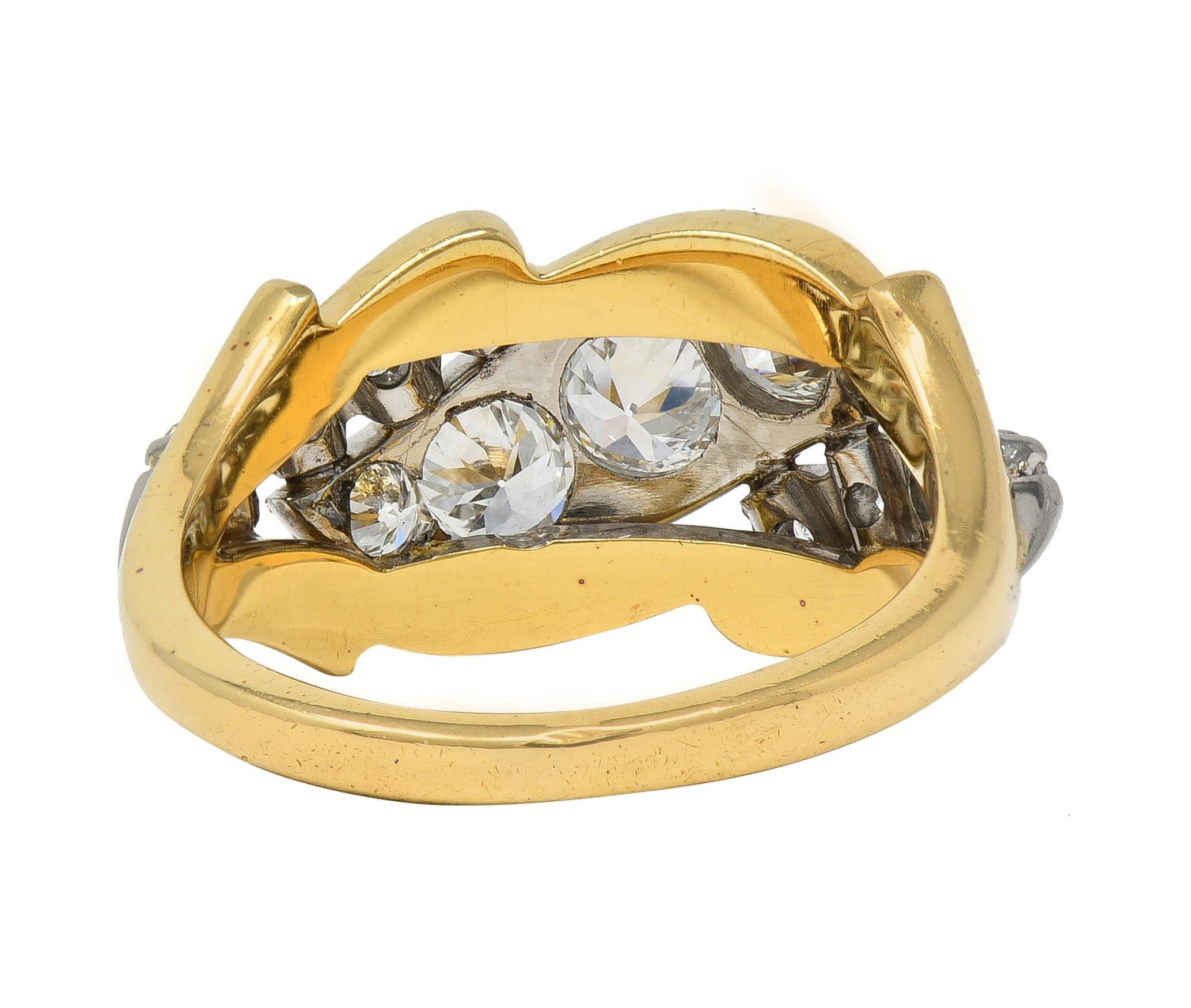 Taglio antico europeo Anello a fascia vintage di metà secolo con diamante da 1,12 CTW in platino e oro 18 carati in vendita