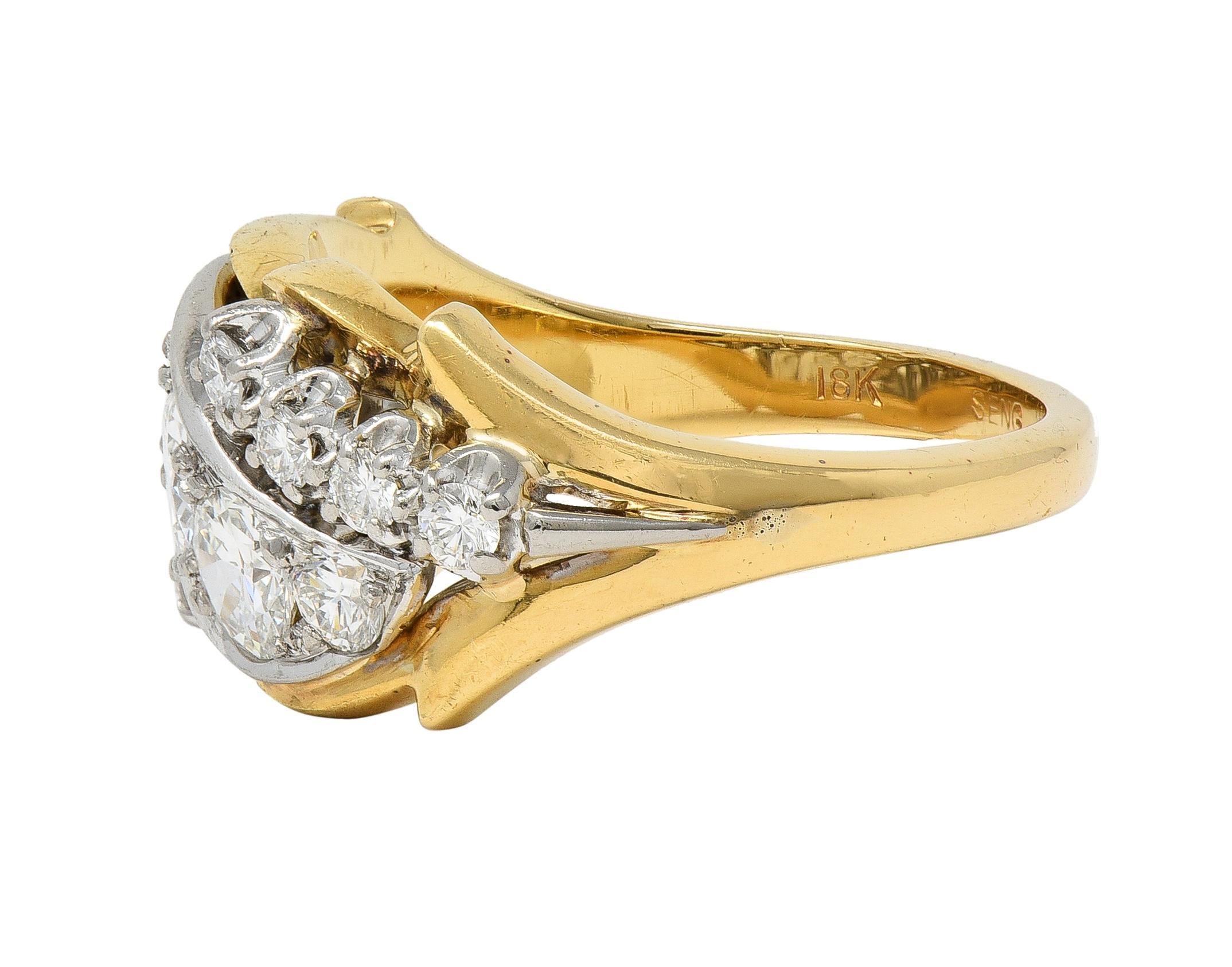 Anello a fascia vintage di metà secolo con diamante da 1,12 CTW in platino e oro 18 carati In condizioni ottime in vendita a Philadelphia, PA