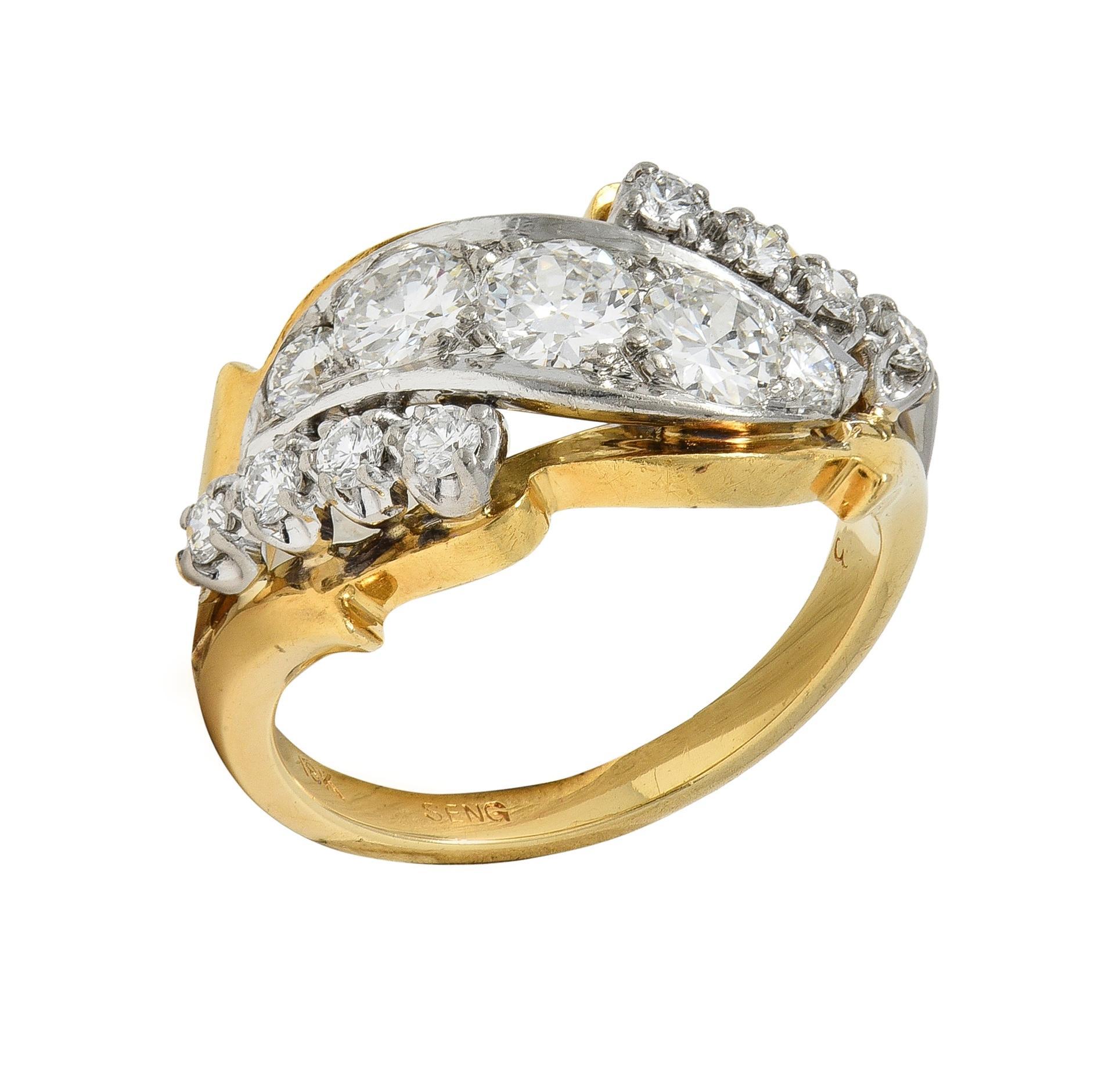 Anello a fascia vintage di metà secolo con diamante da 1,12 CTW in platino e oro 18 carati in vendita 2