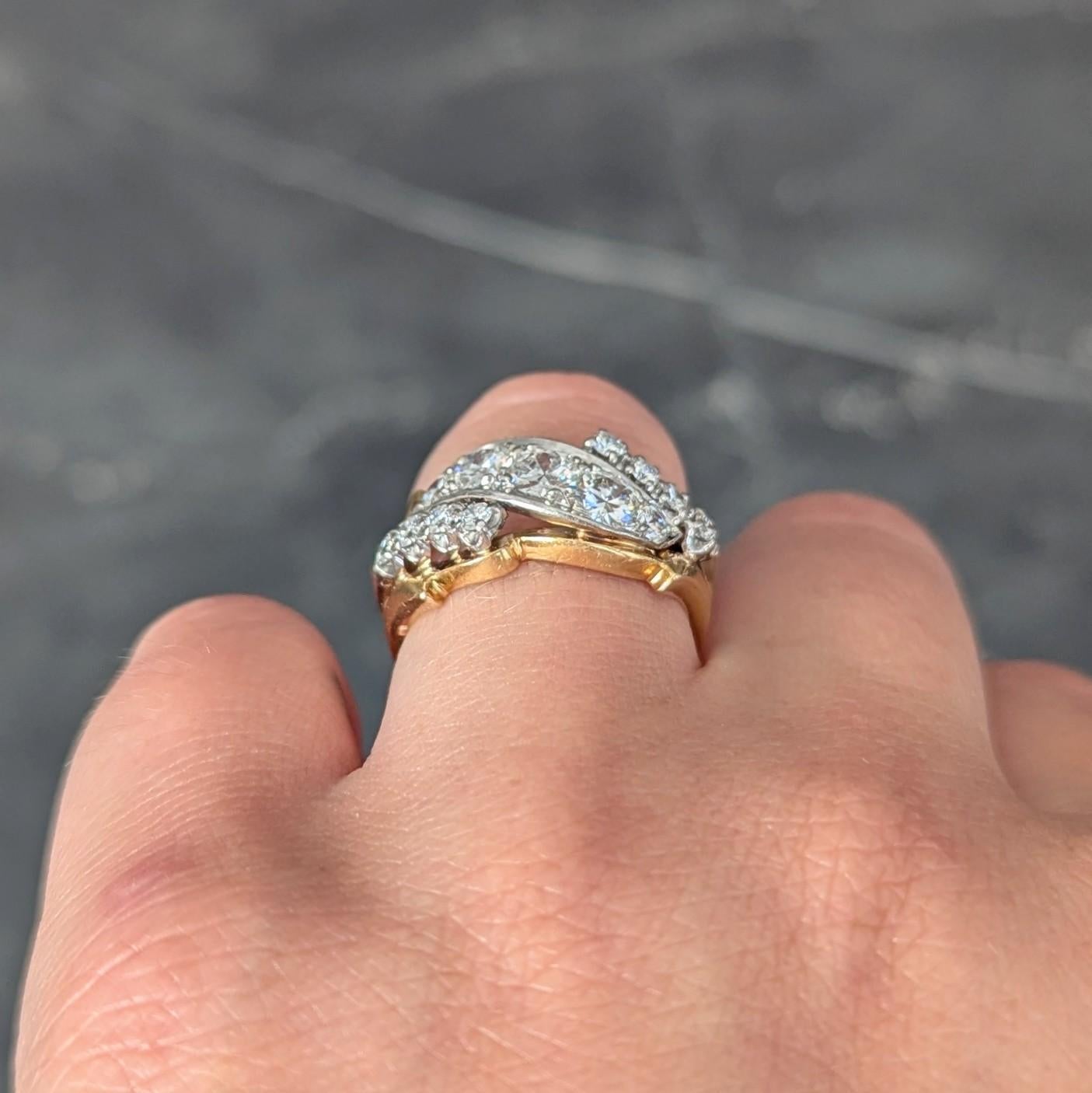 Anello a fascia vintage di metà secolo con diamante da 1,12 CTW in platino e oro 18 carati in vendita 3