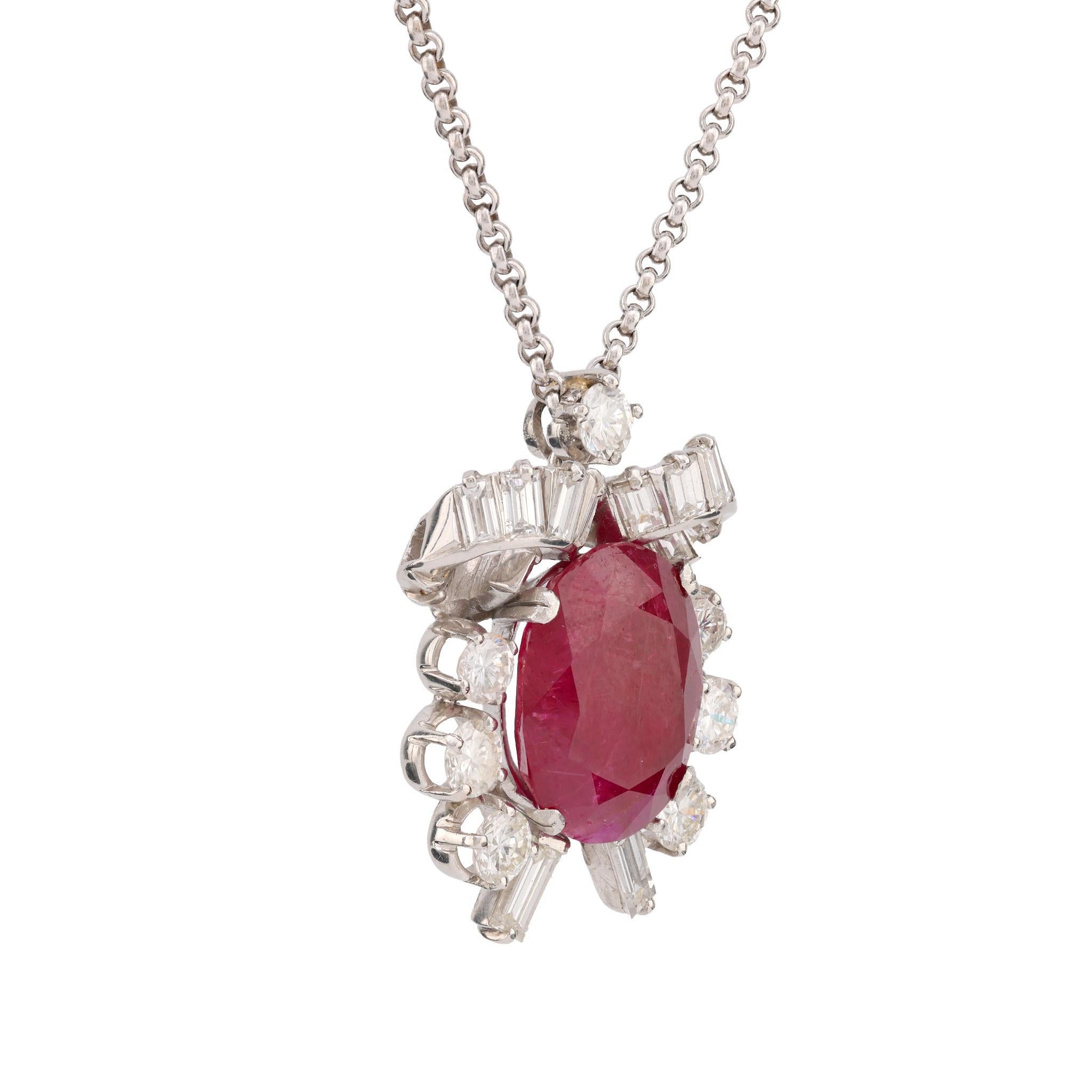 Oval Cut Mid Century 11.6 Carat Burma No Heat Ruby Diamond Platinum Necklace