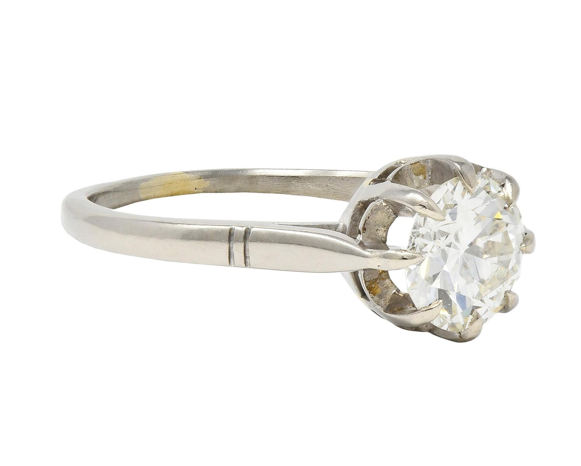Round Cut Mid-Century 1.16 CTW Diamond 18 Karat White Gold Vintage Belcher Engagement Ring For Sale