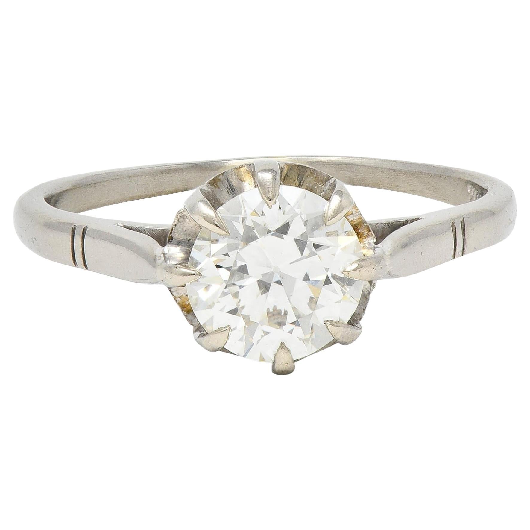 Mid-Century 1.16 CTW Diamond 18 Karat White Gold Vintage Belcher Engagement Ring For Sale