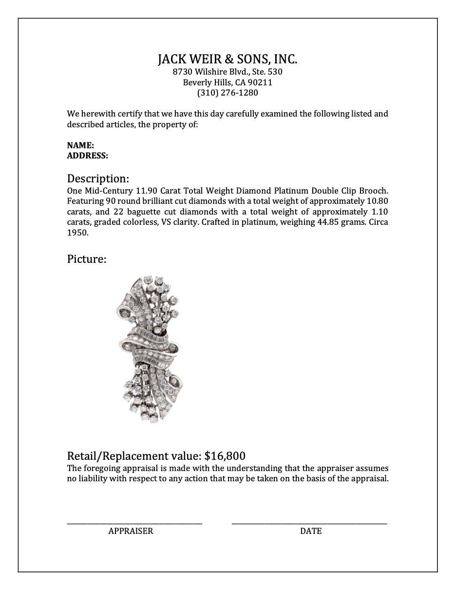 Mid-Century 11.90 Carat Total Weight Diamond Platinum Double Clip Brooch 2