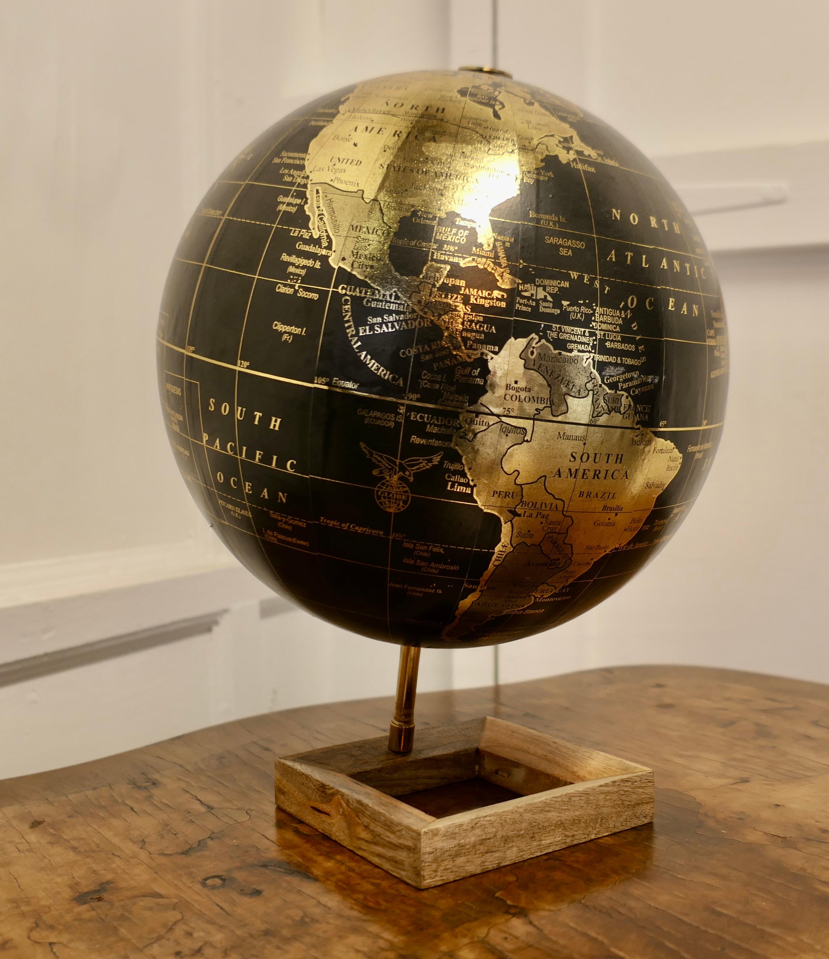 Mid Century 12” Terrestrial Black and Gold Globe In Good Condition For Sale In Godshill, Isle of Wight