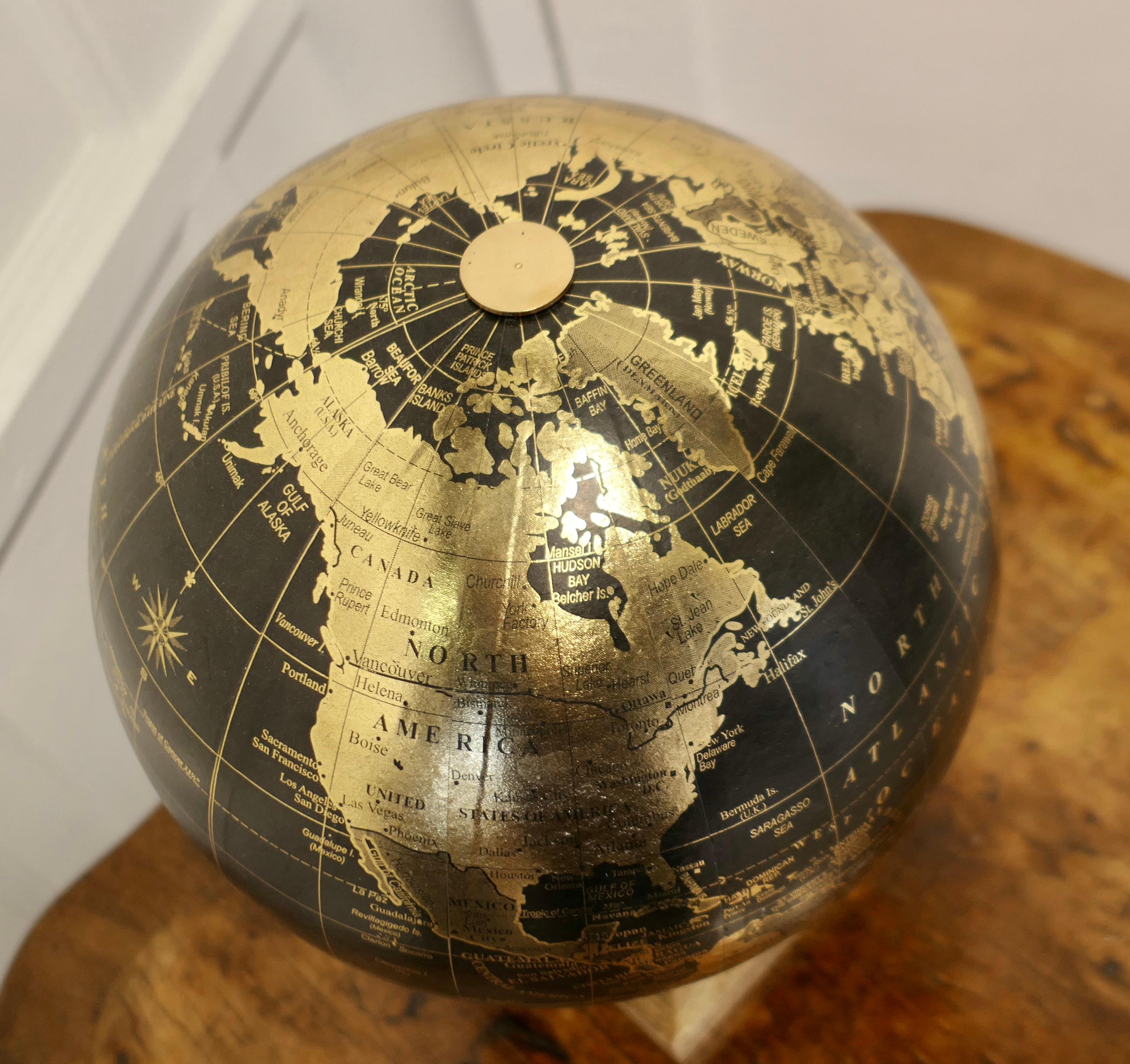 Mid Century 12” Terrestrial Black and Gold Globe For Sale 2