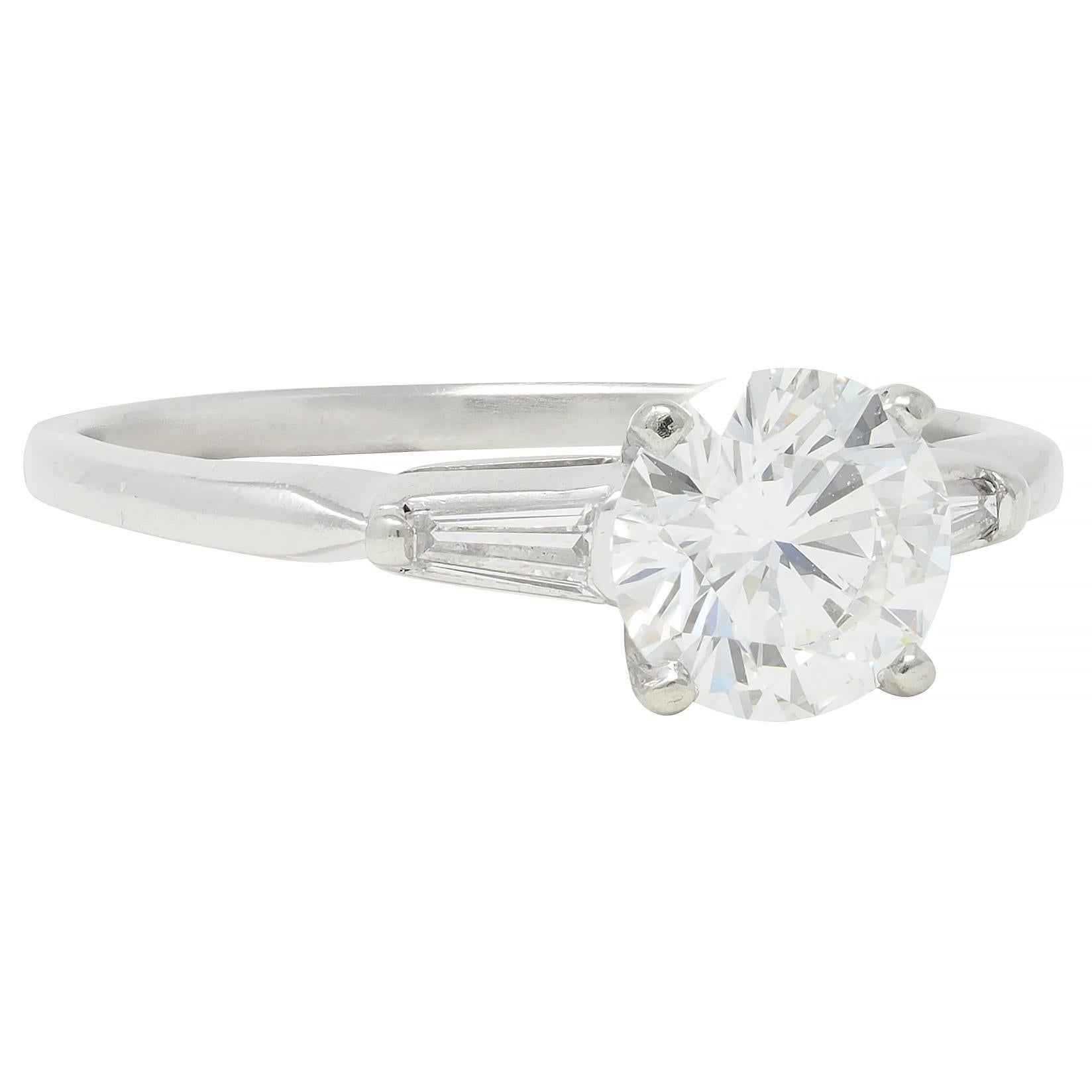 Round Cut Mid-Century 1.20 CTW Transitional Cut Diamond Platinum Engagement Ring For Sale