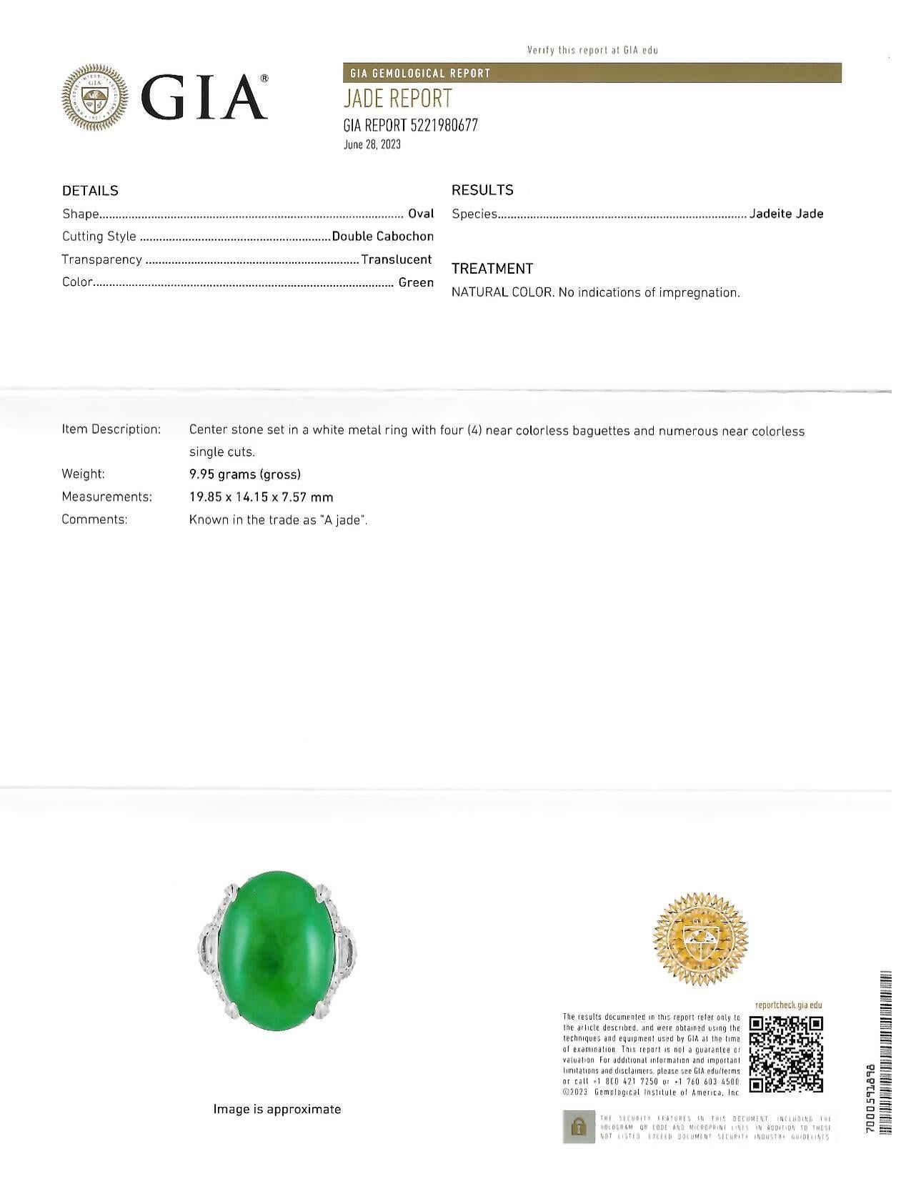 Mid-Century 1.20 Natural Jadeite Jade Cabochon Diamond Platinum Dinner Ring GIA For Sale 12