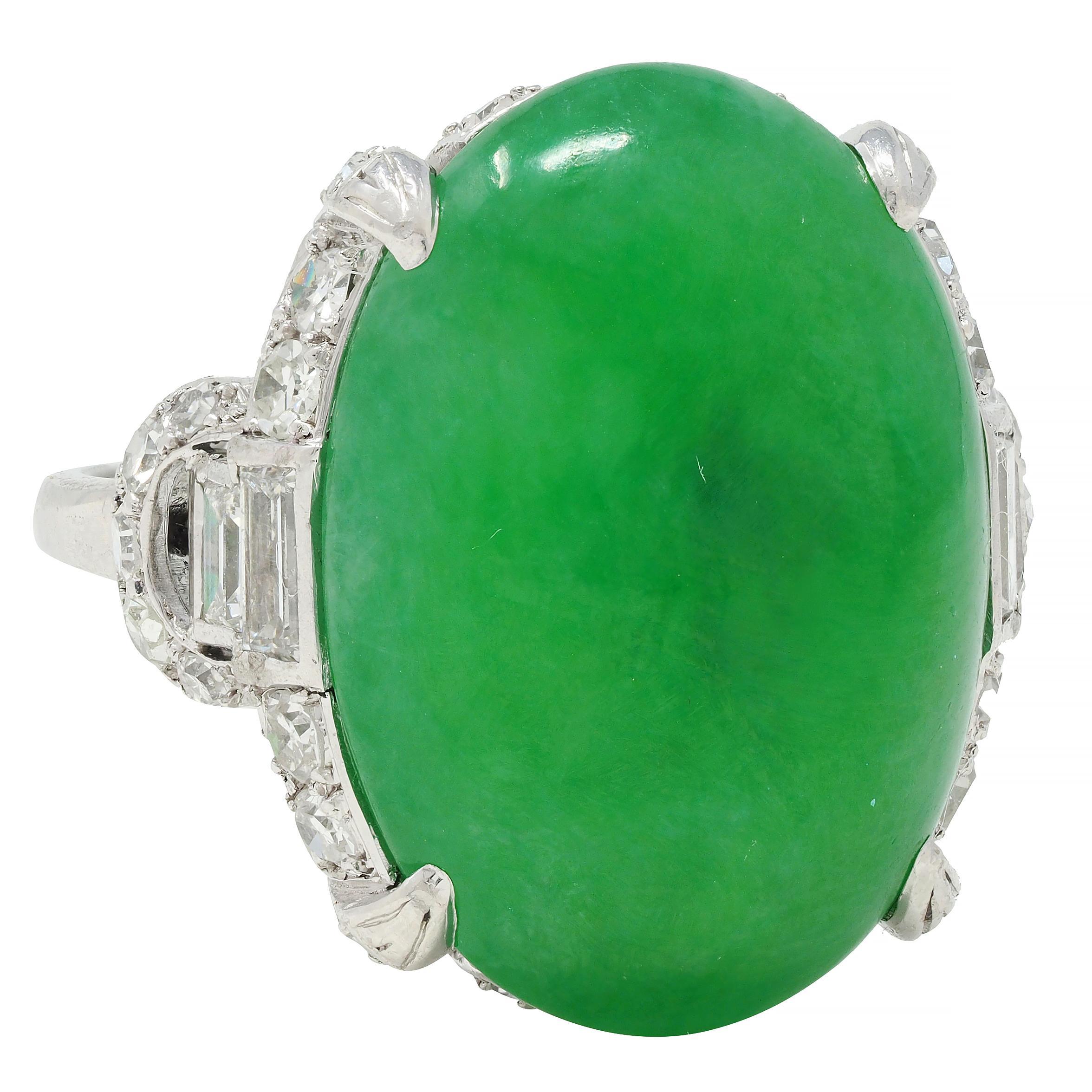 Mid-Century 1.20 Natural Jadeite Jade Cabochon Diamond Platinum Dinner Ring GIA In Excellent Condition For Sale In Philadelphia, PA