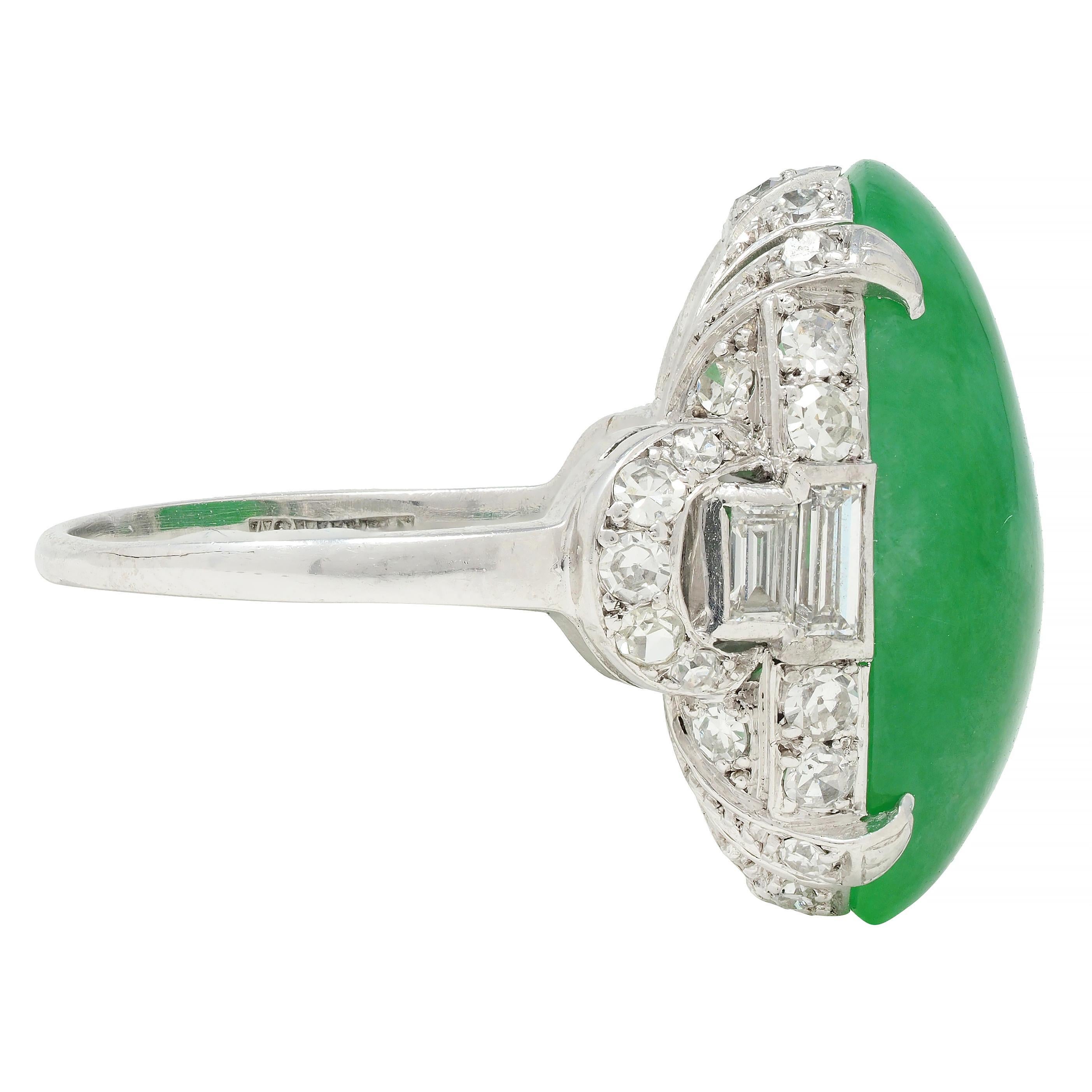 Women's or Men's Mid-Century 1.20 Natural Jadeite Jade Cabochon Diamond Platinum Dinner Ring GIA For Sale
