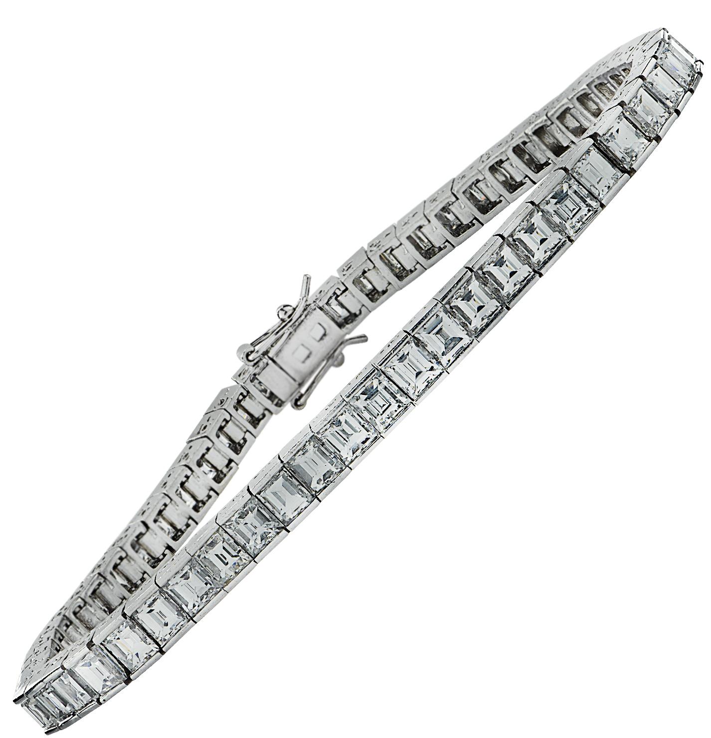 French Cut Mid Century 12.02 Carat Carre' Cut Diamond Tennis Bracelet  For Sale