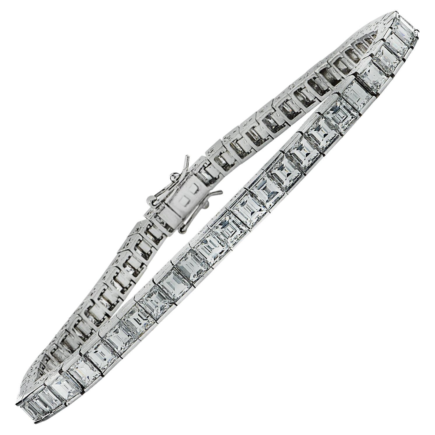 Mid Century 12.02 Carat Carre' Cut Diamond Tennis Bracelet  For Sale