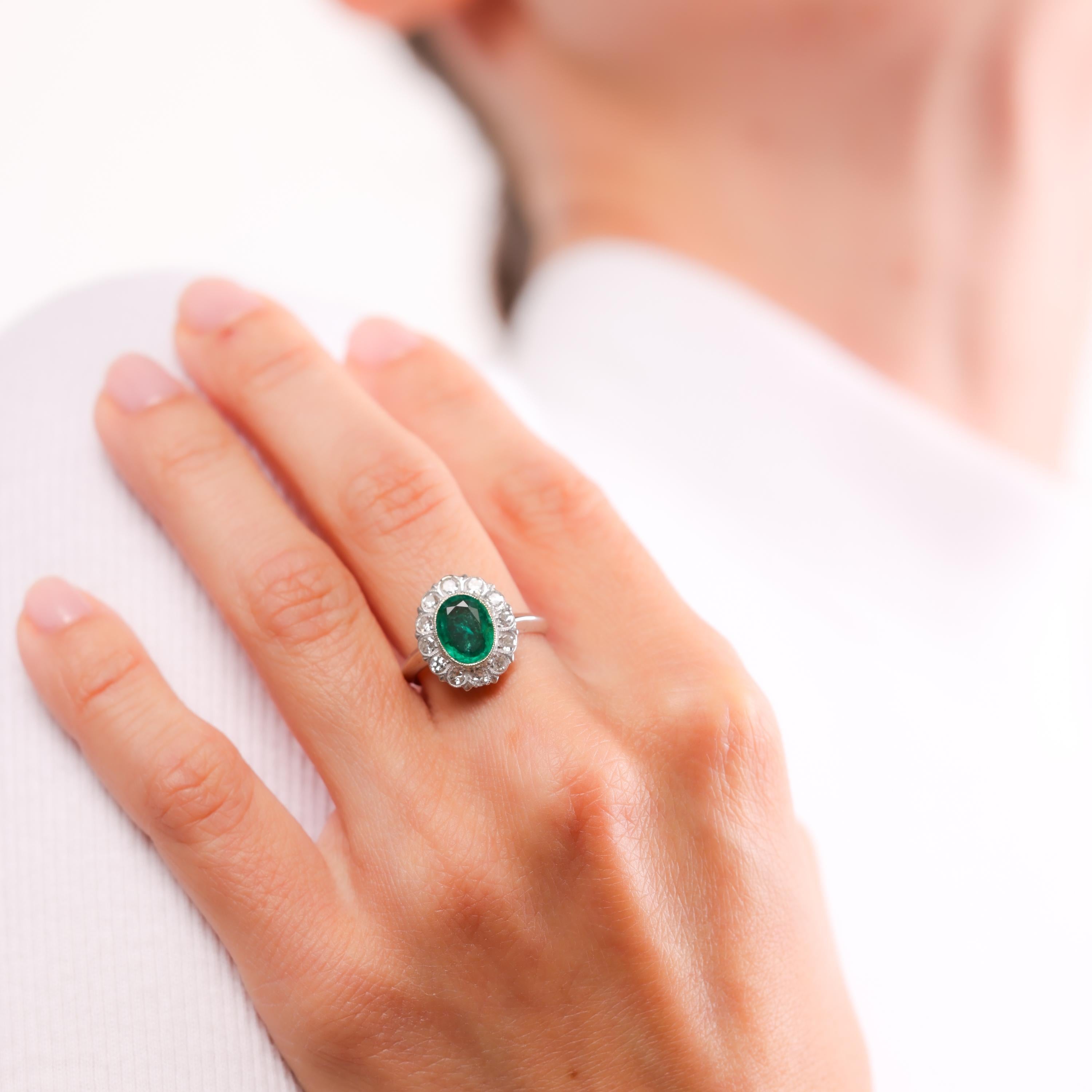 Oval Cut Mid Century 1.25 carat emerald diamond 10k white gold cluster ring