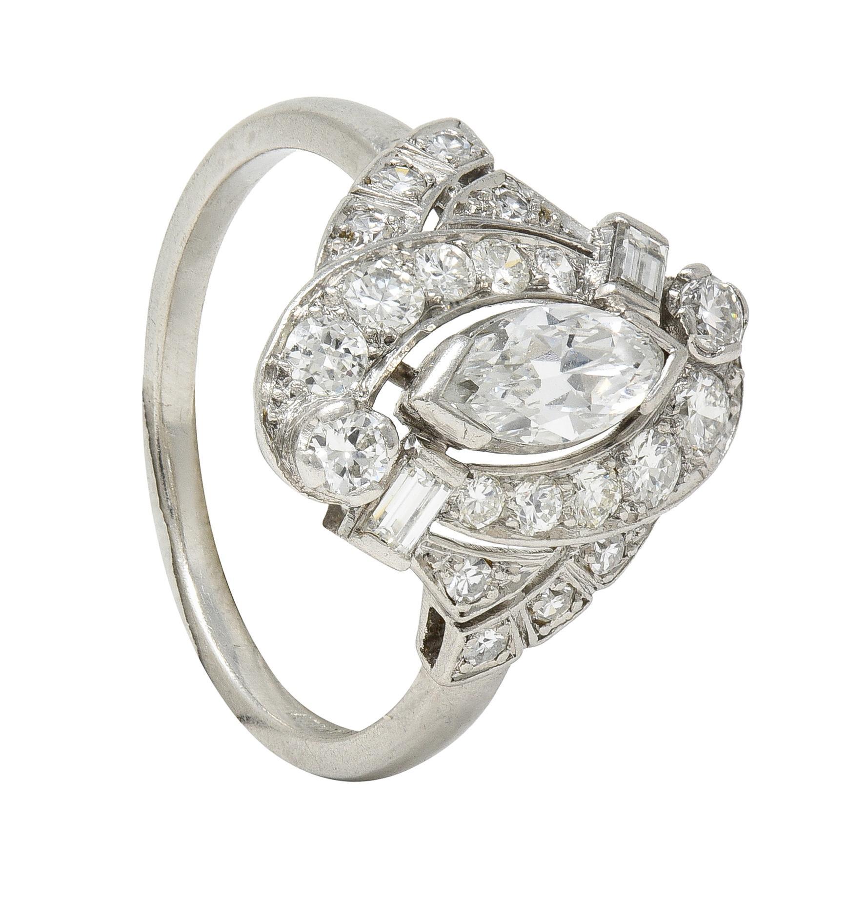 Mid-Century 1.26 CTW Diamond Platinum Swirling Marquise Vintage Dinner Ring For Sale 6