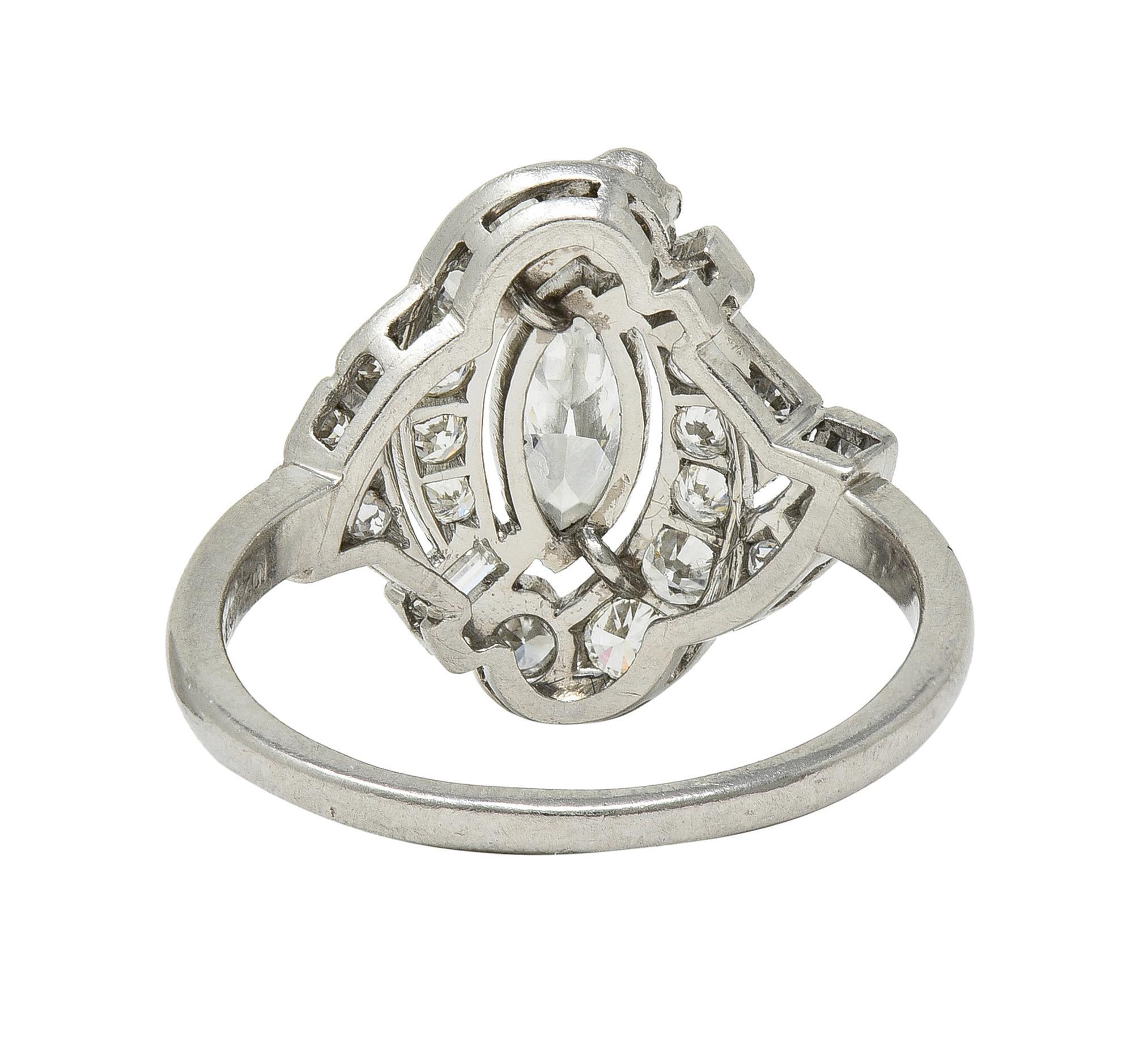 Mid-Century 1.26 CTW Diamond Platinum Swirling Marquise Vintage Dinner Ring In Excellent Condition For Sale In Philadelphia, PA