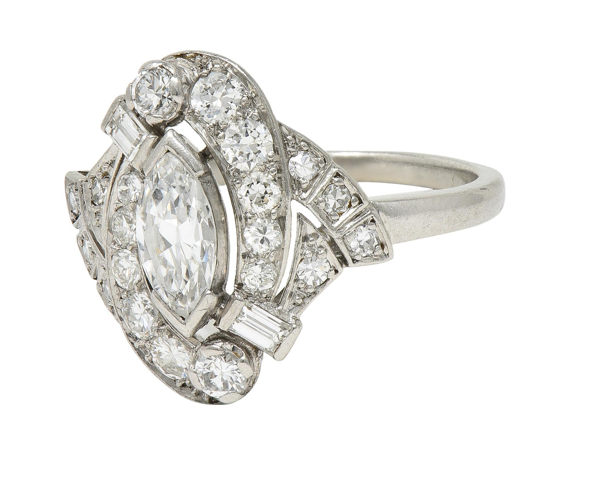 Mid-Century 1.26 CTW Diamond Platinum Swirling Marquise Vintage Dinner Ring For Sale 1