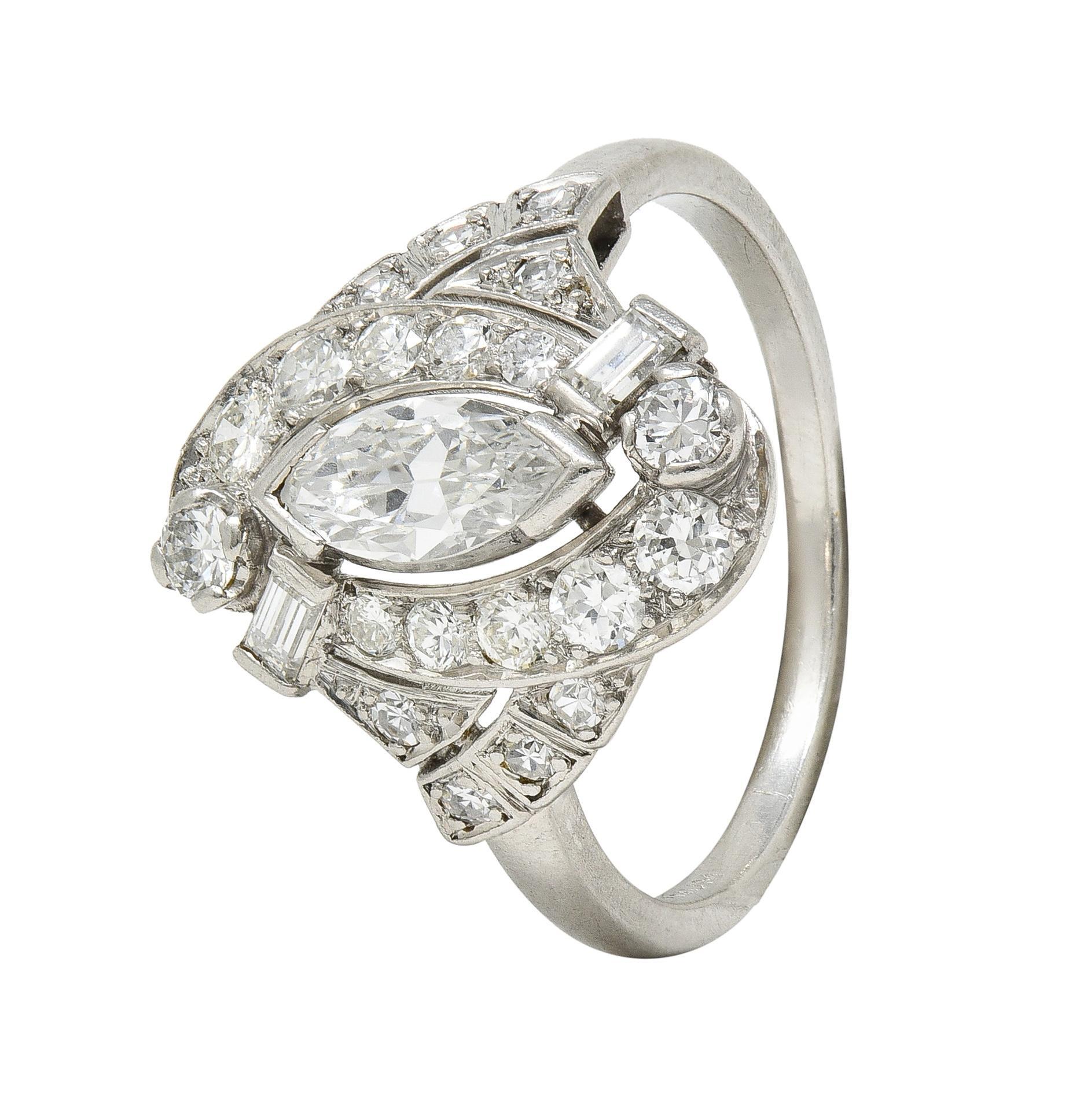 Mid-Century 1.26 CTW Diamond Platinum Swirling Marquise Vintage Dinner Ring For Sale 3