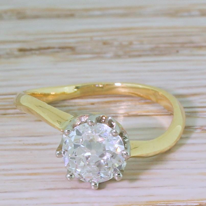A sleek and distinctive old European cut diamond ring. The white and bright old cut diamond in the centre is secured in an eight-claw coronet collet atop a knife edge shank, crafted with a subtle and elegant curve.

Accompanied by an independent