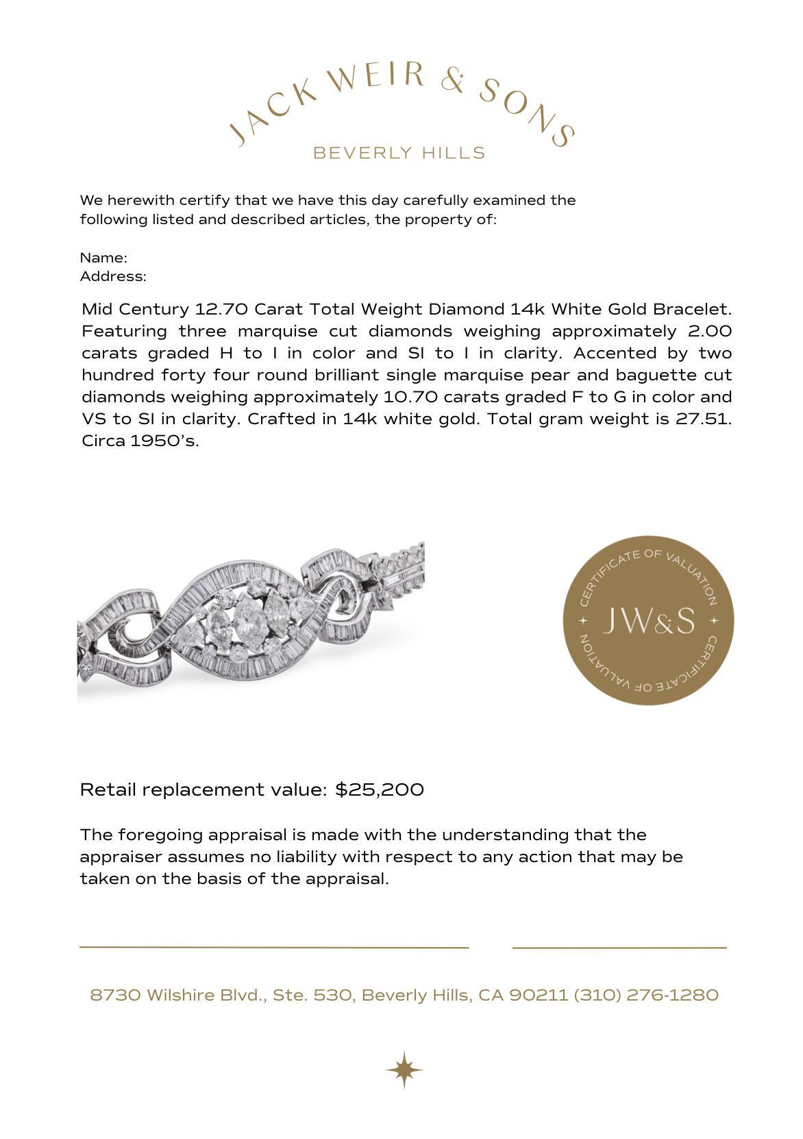 Mid Century 12,70 Karat Gesamtgewicht Diamant 14k Weißgold Armband im Angebot 1