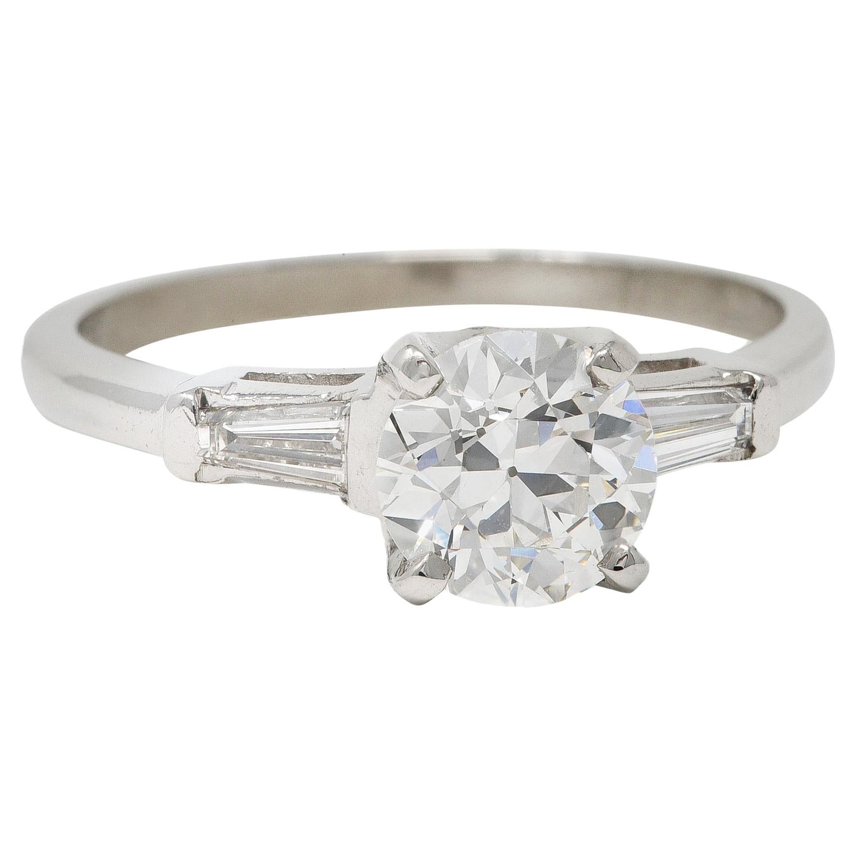 Mid-Century 1.29 Carats Old European Cut Diamond Platinum Engagement Ring GIA For Sale