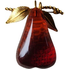 Mid-Century 12K Gold-Filled Brooch with Natural Baltic Amber Pear Figural Pin