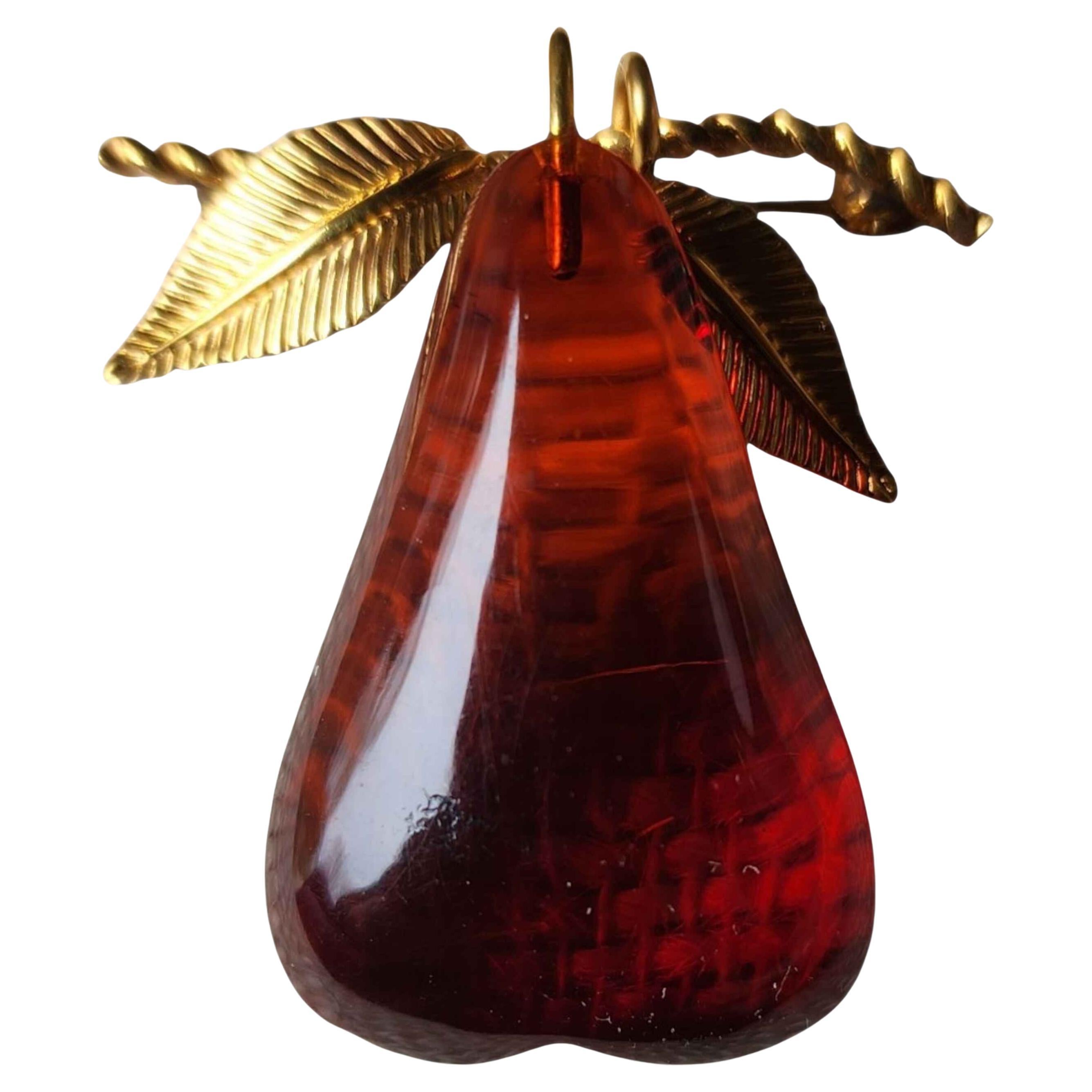 Mid-Century 12K Gold-Filled Brooch with Natural Baltic Amber Pear Figural Pin