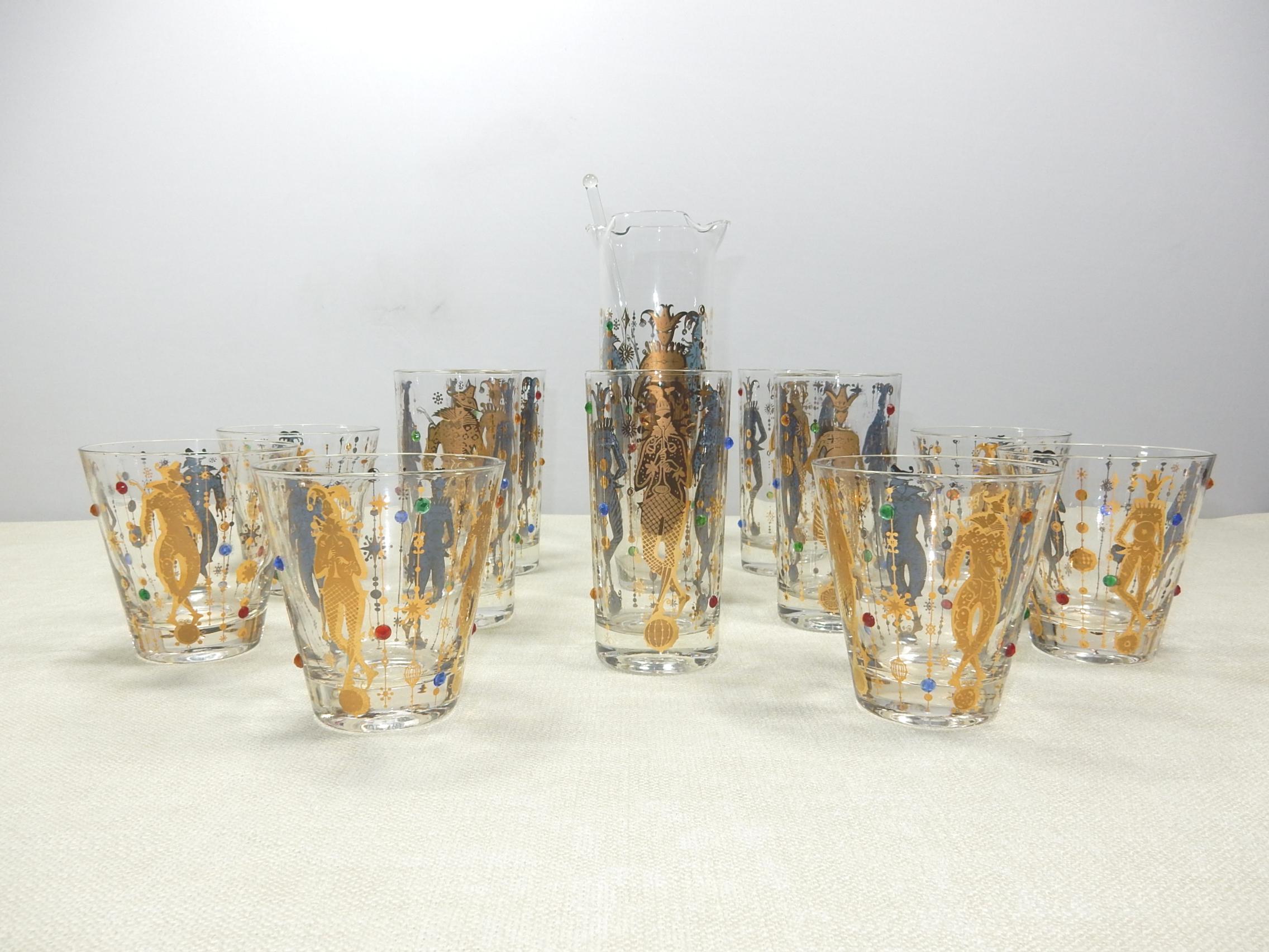 Mid-Century Modern Mid Century 13-Piece Culver  Mardi Gras Harlequin 22 Karat Jeweled Glasses Set