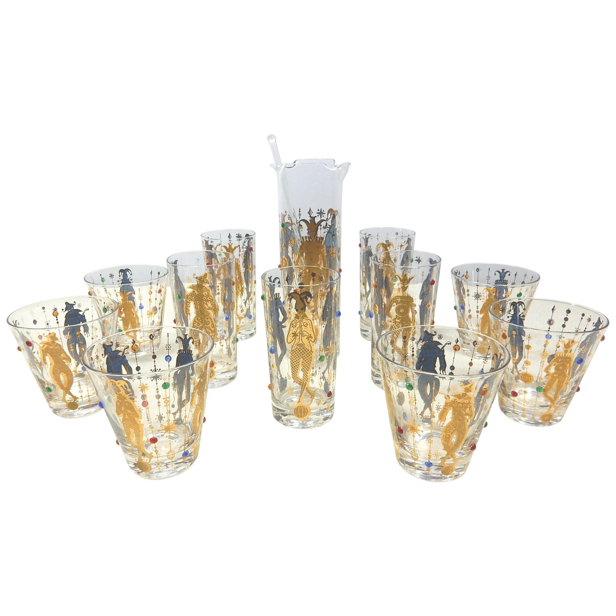 Mid Century 13-Piece Culver  Mardi Gras Harlequin 22 Karat Jeweled Glasses Set