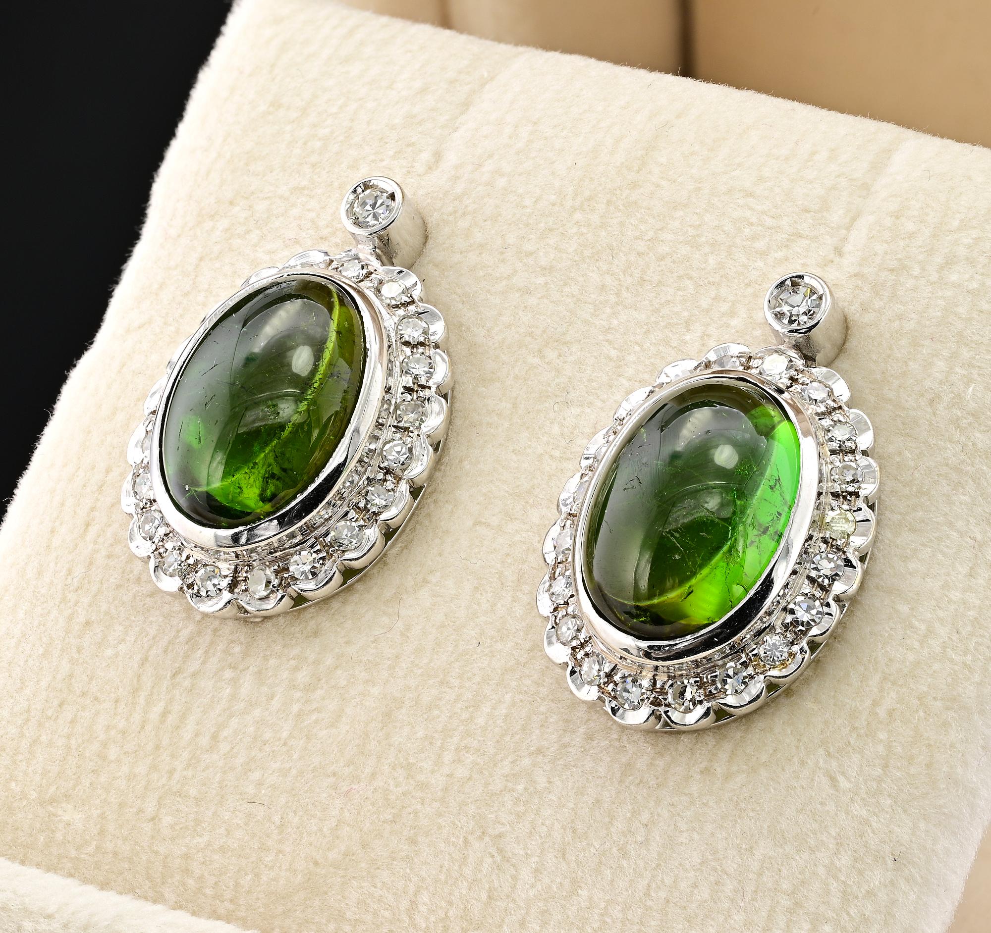 Contemporary Mid Century 13.0 Ct Green Tourmaline 1.0 Ct Diamond 18 KT Earrings For Sale