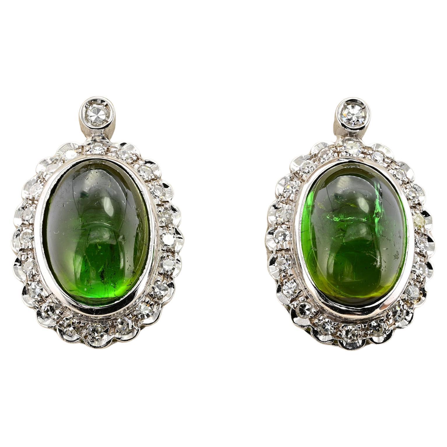 Mid Century 13.0 Ct Green Tourmaline 1.0 Ct Diamond 18 KT Earrings For Sale