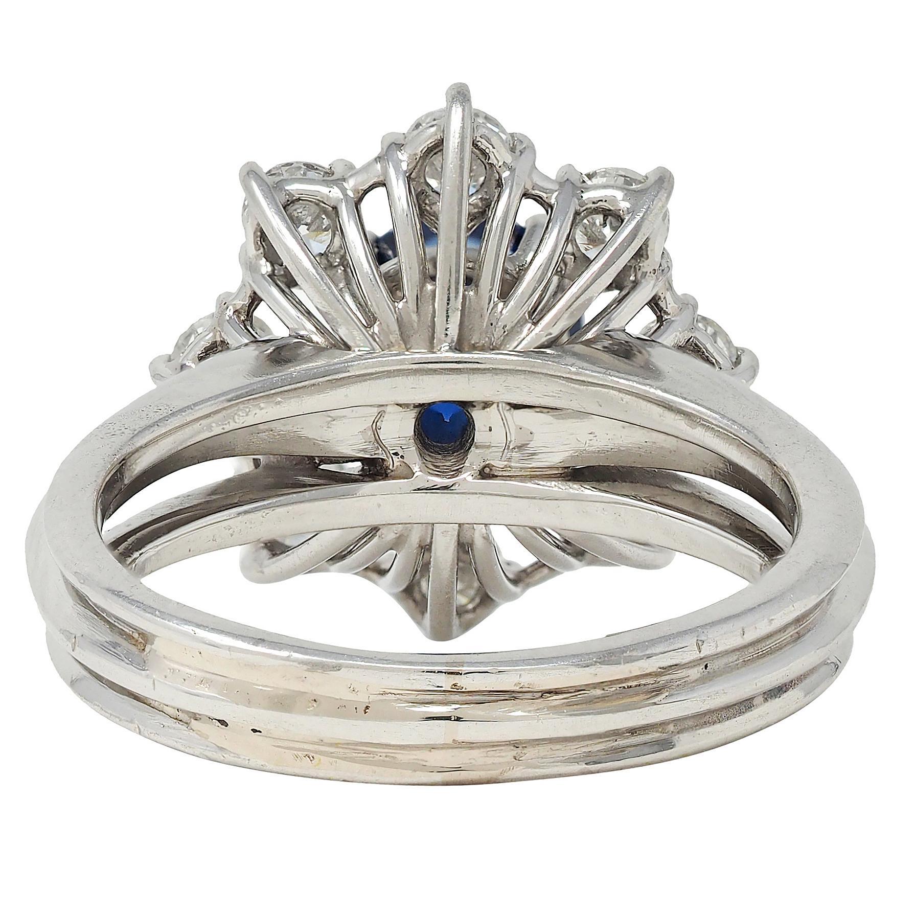 Anello aureola vintage in platino con zaffiro e diamante da 1,30 CTW di metà secolo In condizioni ottime in vendita a Philadelphia, PA