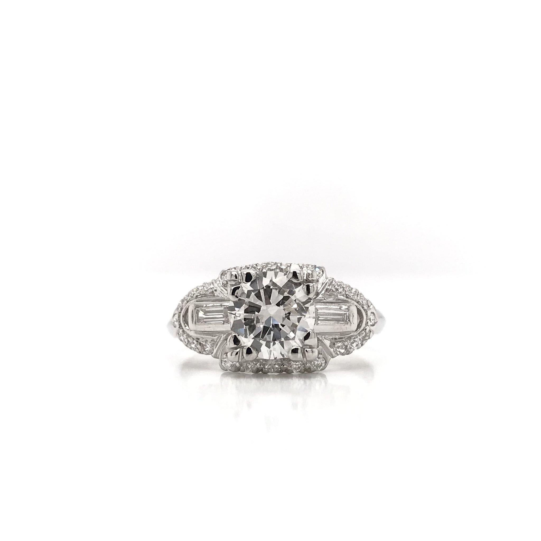 Retro Mid Century 1.32 Carat Platinum Diamond Engagement Ring