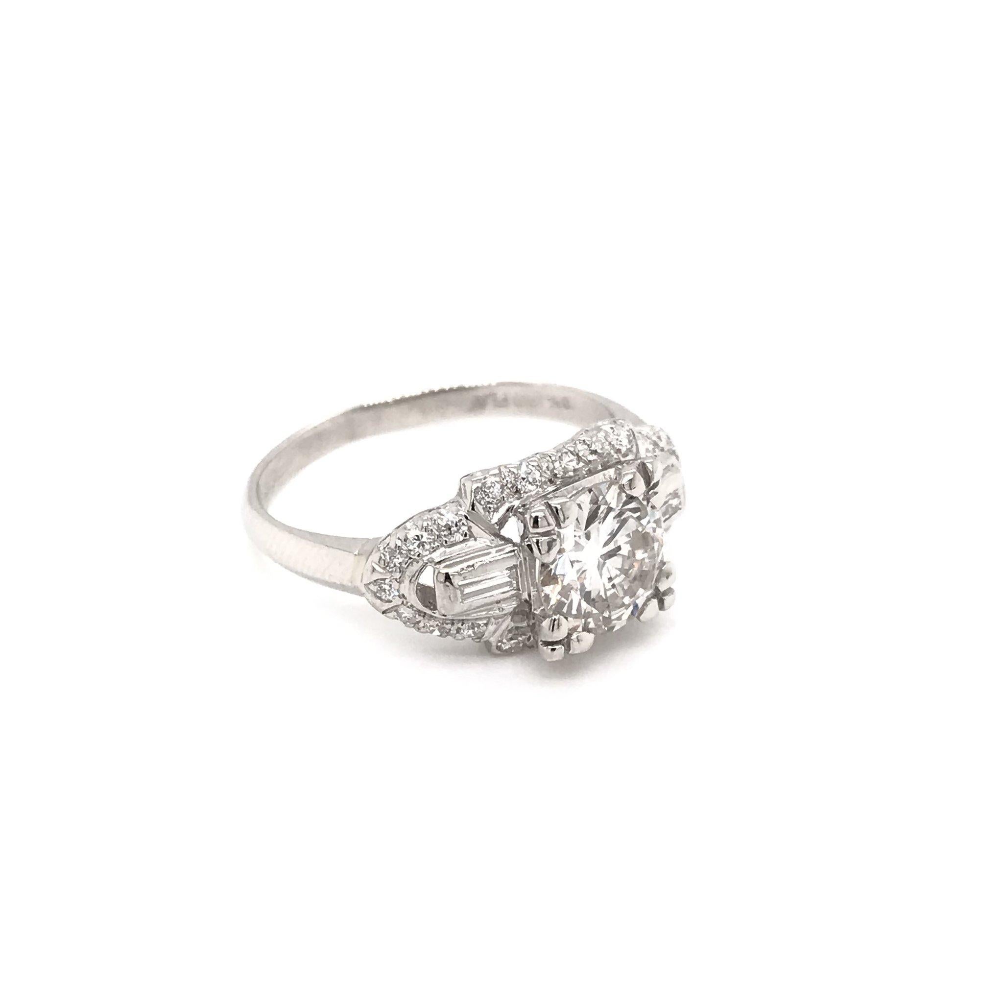Round Cut Mid Century 1.32 Carat Platinum Diamond Engagement Ring