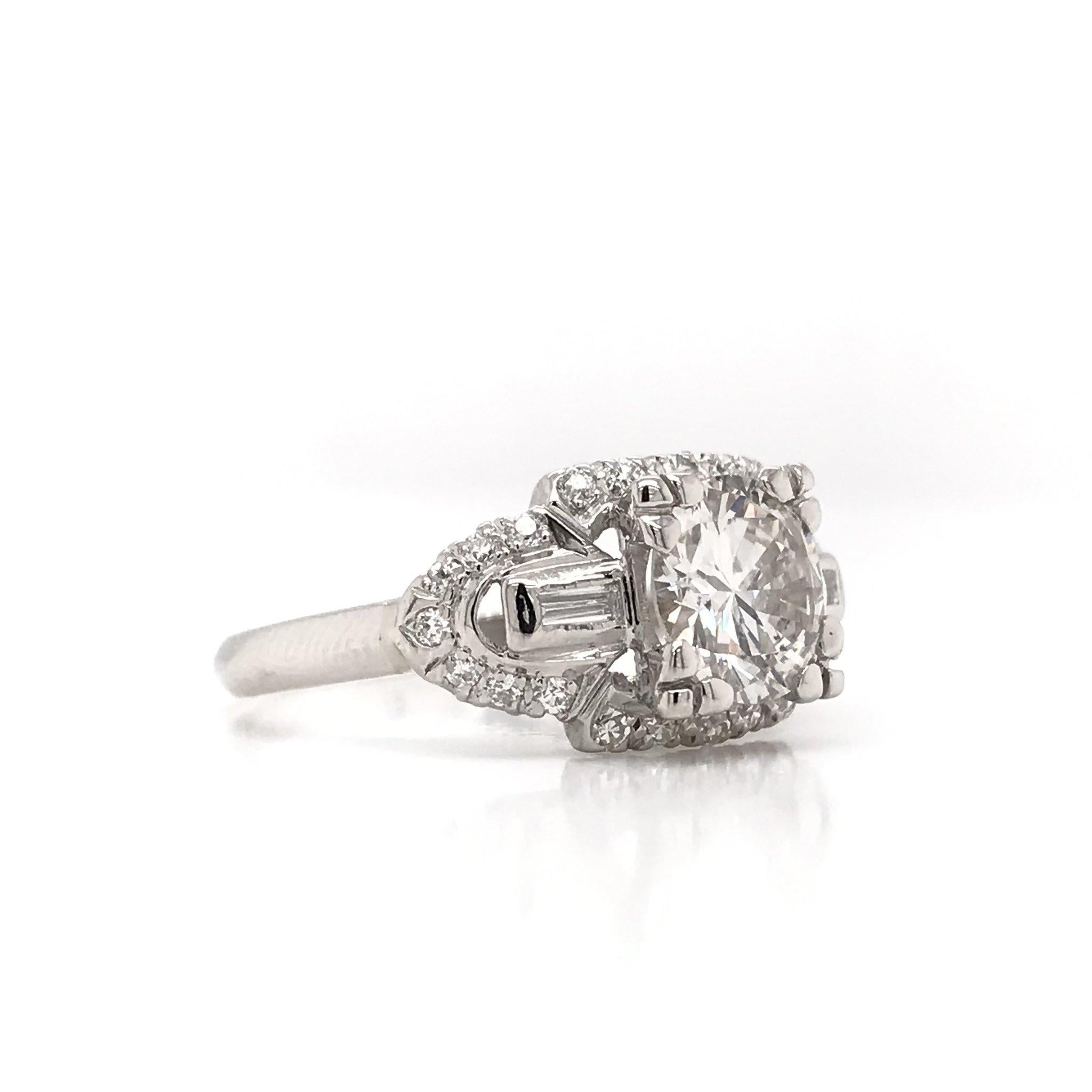 Mid Century 1.32 Carat Platinum Diamond Engagement Ring In Excellent Condition In Montgomery, AL